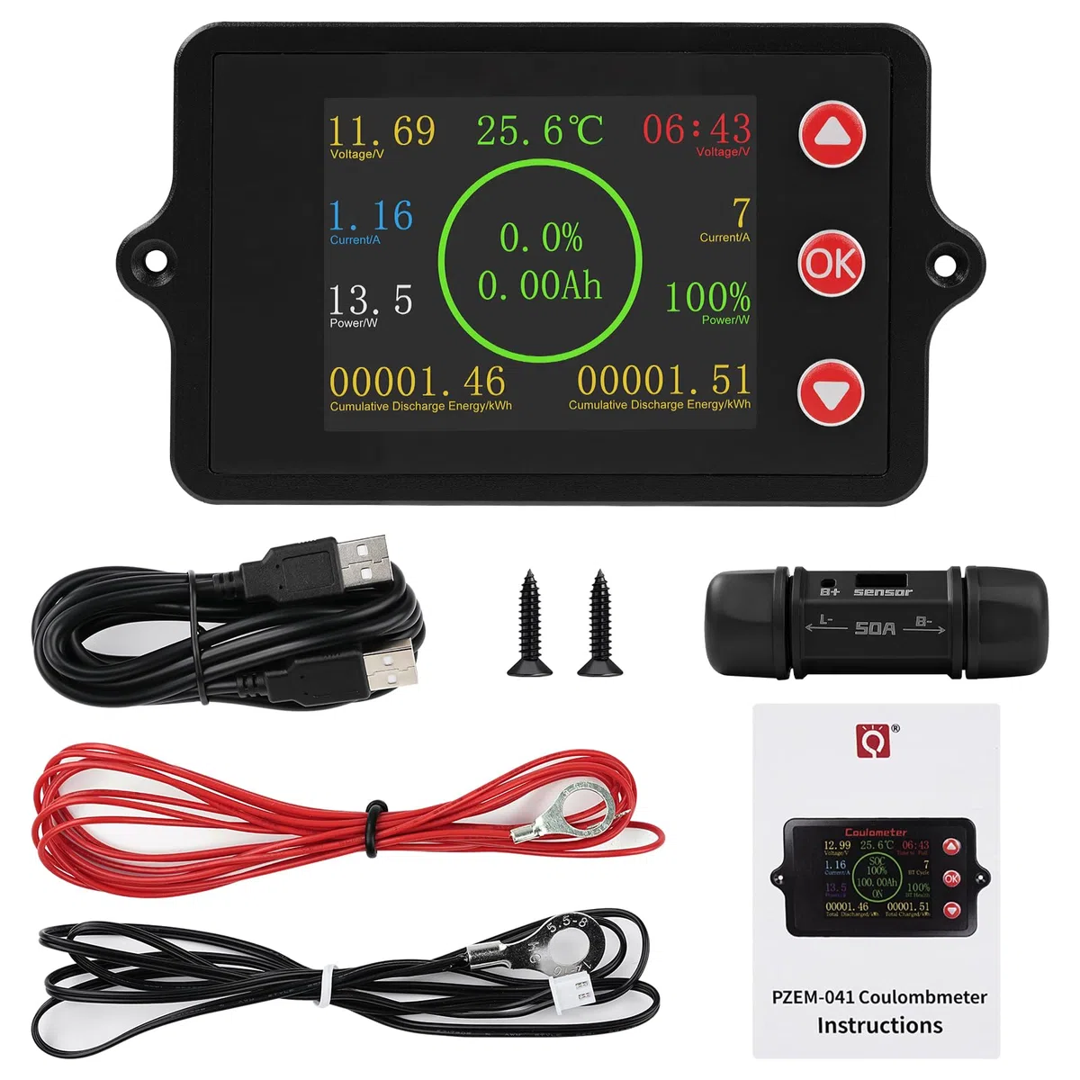 Batteriewächter 50A batterie monitor DC8-100V batteriemonitor Amperemeter Spannung Messgerät battery guard Farbbildschirm mit 50A Manganin Shunt Temperatursensor und Alarmfunktionon