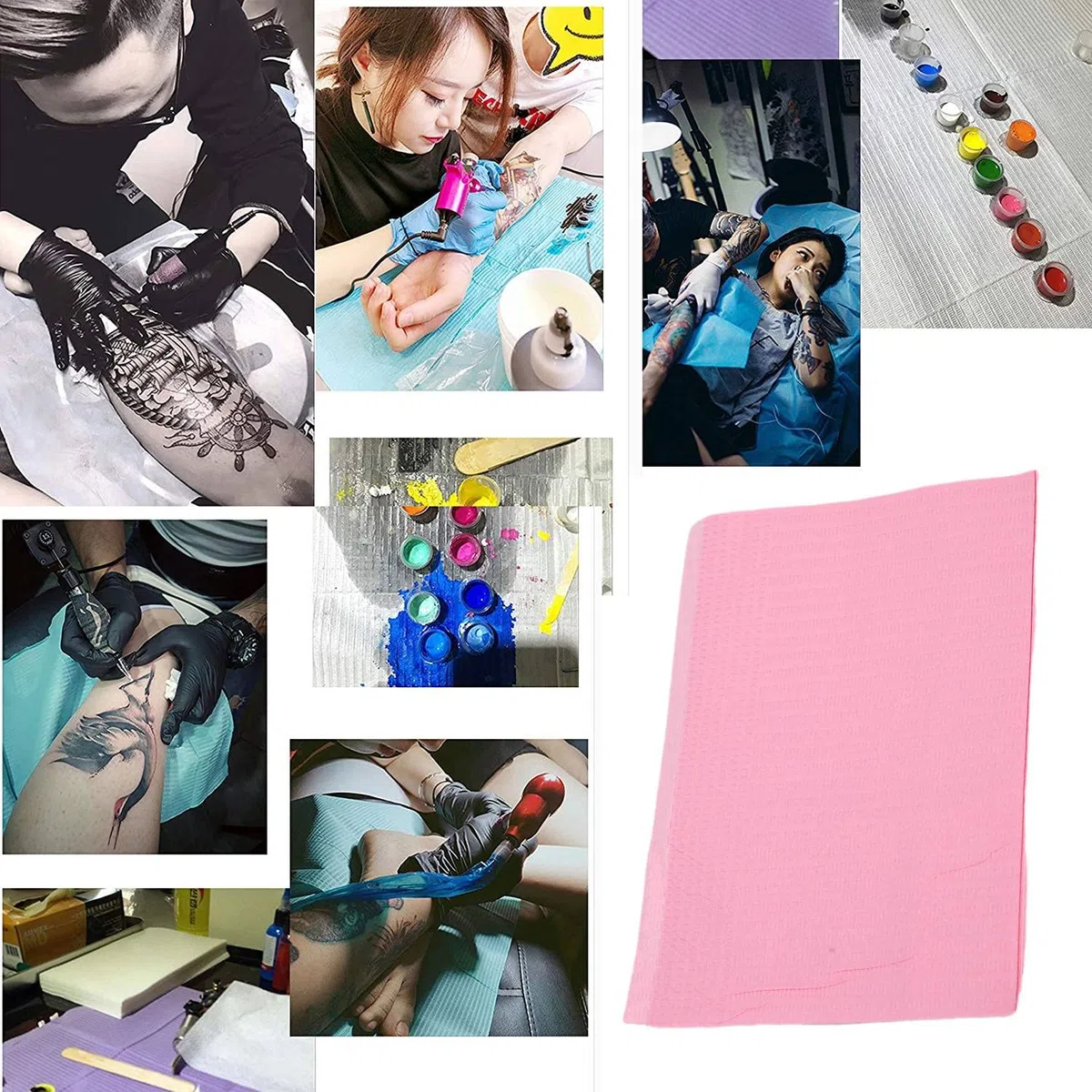 Tattoo Lätzchen, 125 Stück Einweg Dentallätzchen Wasserdichte Tattoo Abdeckung Piercing Tischmatte Nagelpapiertücher Acryl Maniküre Tücher Tischdecke Versorgungsblätte Tischdecke Clean Pad Dental Rosa