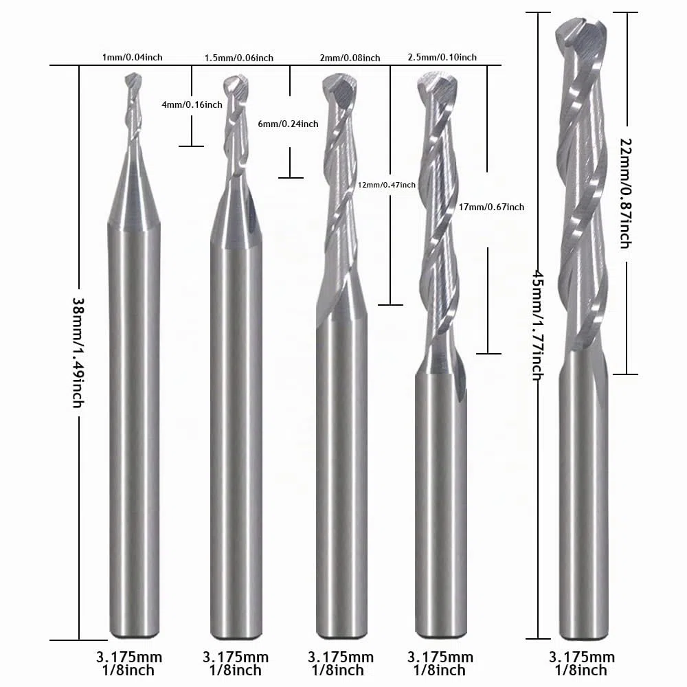 EU_HOZLY Fräser für Holzarbeiten, Durchmesser 1 mm, 1,5 mm, 2,0 mm, 2,5 mm, 3,175 mm, Hartmetall-Kugelkopffräser, CNC-Gravierfräser