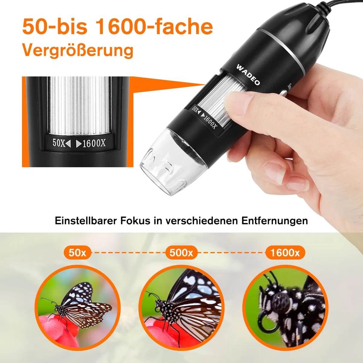 WADEO Digital Mikroskop, USB Mikroskop 1440P HD mit 50X-1600X Vergrößerung, Tragbare Inspektionskamera WiFi-frei, Kabeliges Handmikroskop mit 8 LED und Ständer, iOS, Android und Tablets kompatibel