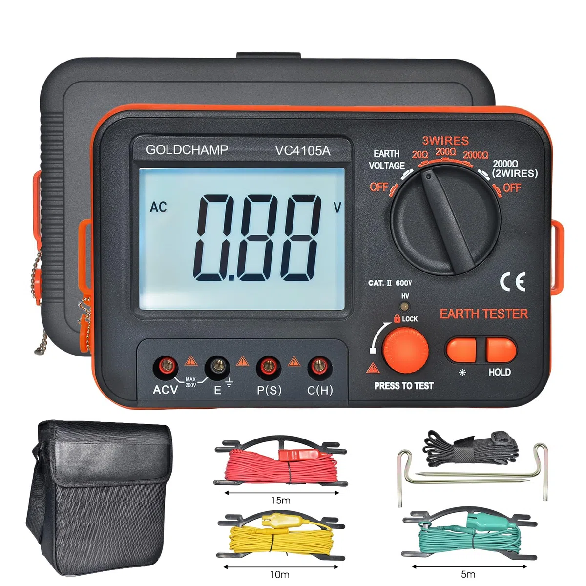 Isolationswiderstandsmessgerät 200 Ω/2000 Ω/20000 Ω, 200 V Wechselspannung, Überlastschutz, hintergrundbeleuchtetes LCD-Display mit 1999 Stellen, Batteriestandsanzeige, Erdungswiderstandsmessgerät