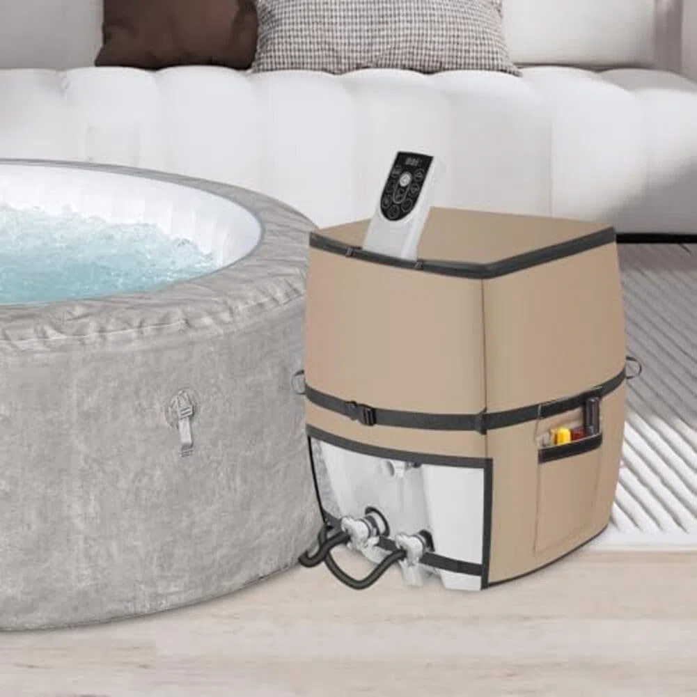Spa-Pumpenabdeckung, 600D Oxford mit Aluminiumisolierung, wasserdichte Heizjacke für Outdoor-Whirlpool-Pumpen, winddichte Gurte und Aufbewahrungstasche, Khaki