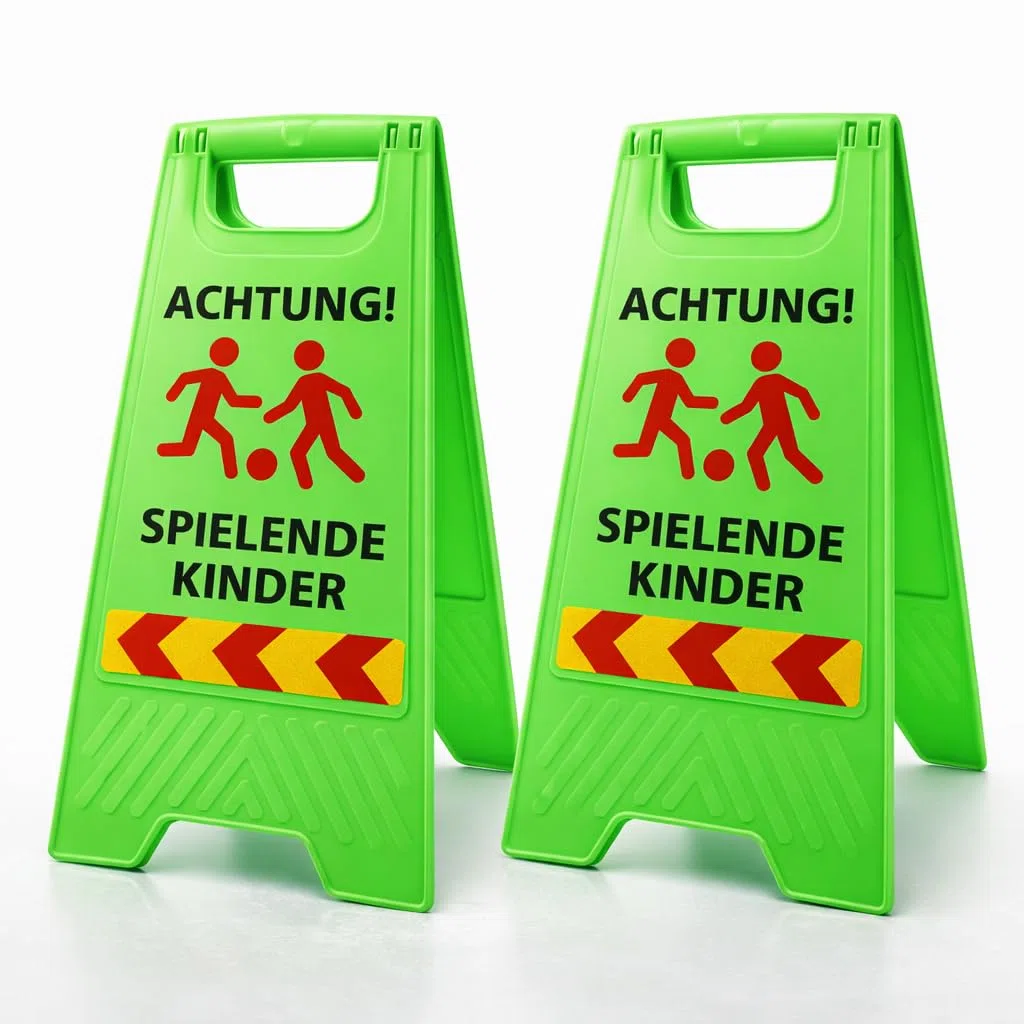 Friendly Fox 2 Stück Warnschilder Achtung spielende Kinder, 60 x 30 cm | Sicherheitsschild, Vorsicht Kinder Schild, klappbarer Aufsteller mit Reflektorstreifen