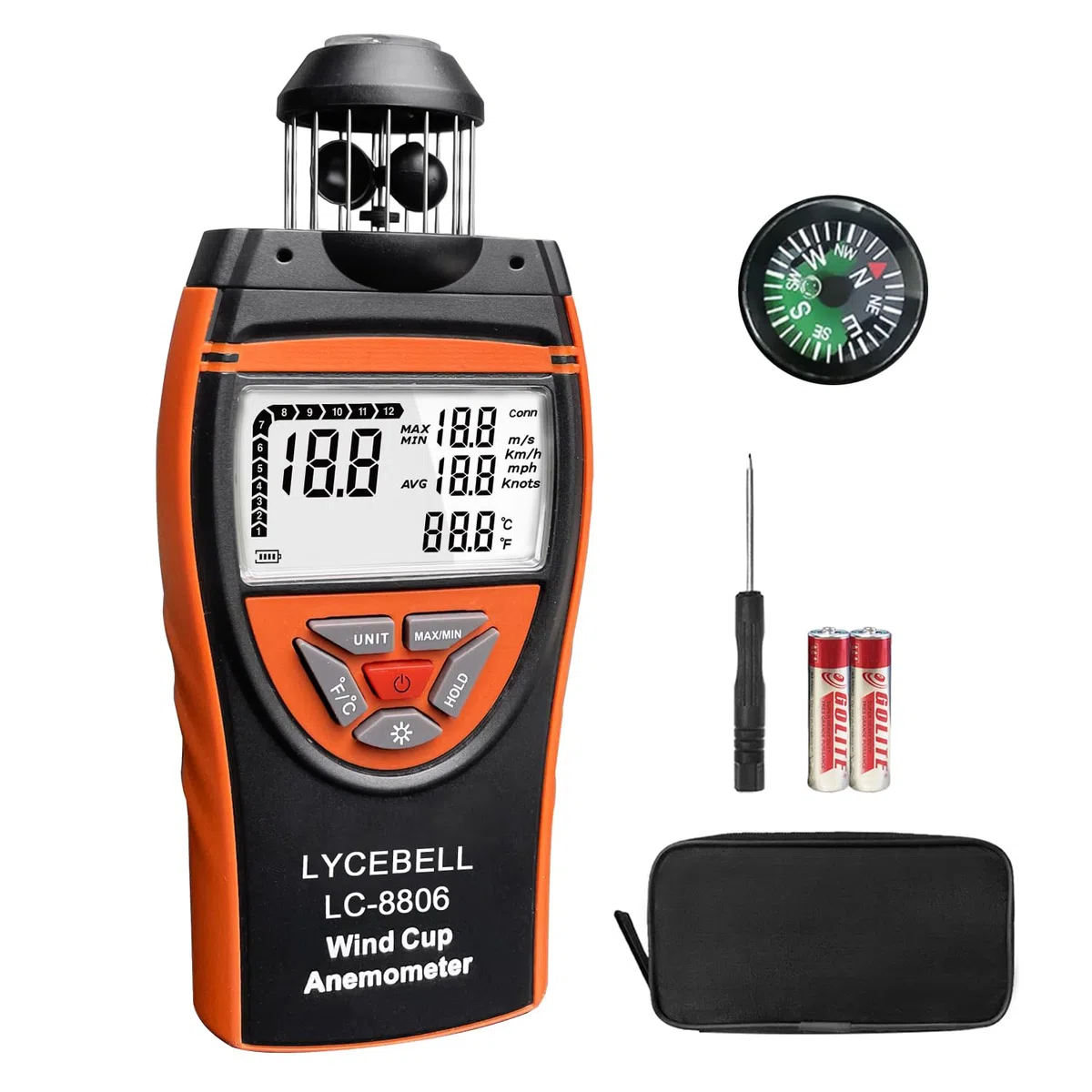 8806 Wind Cup Anemometer – Präzises Windmesser Windmessgerät mit Temperaturmessung für Industrie, Outdoor & HVAC | Windgeschwindigkeit 0,7-42 m/s, Hintergrundbeleuchtung, Stativgewinde