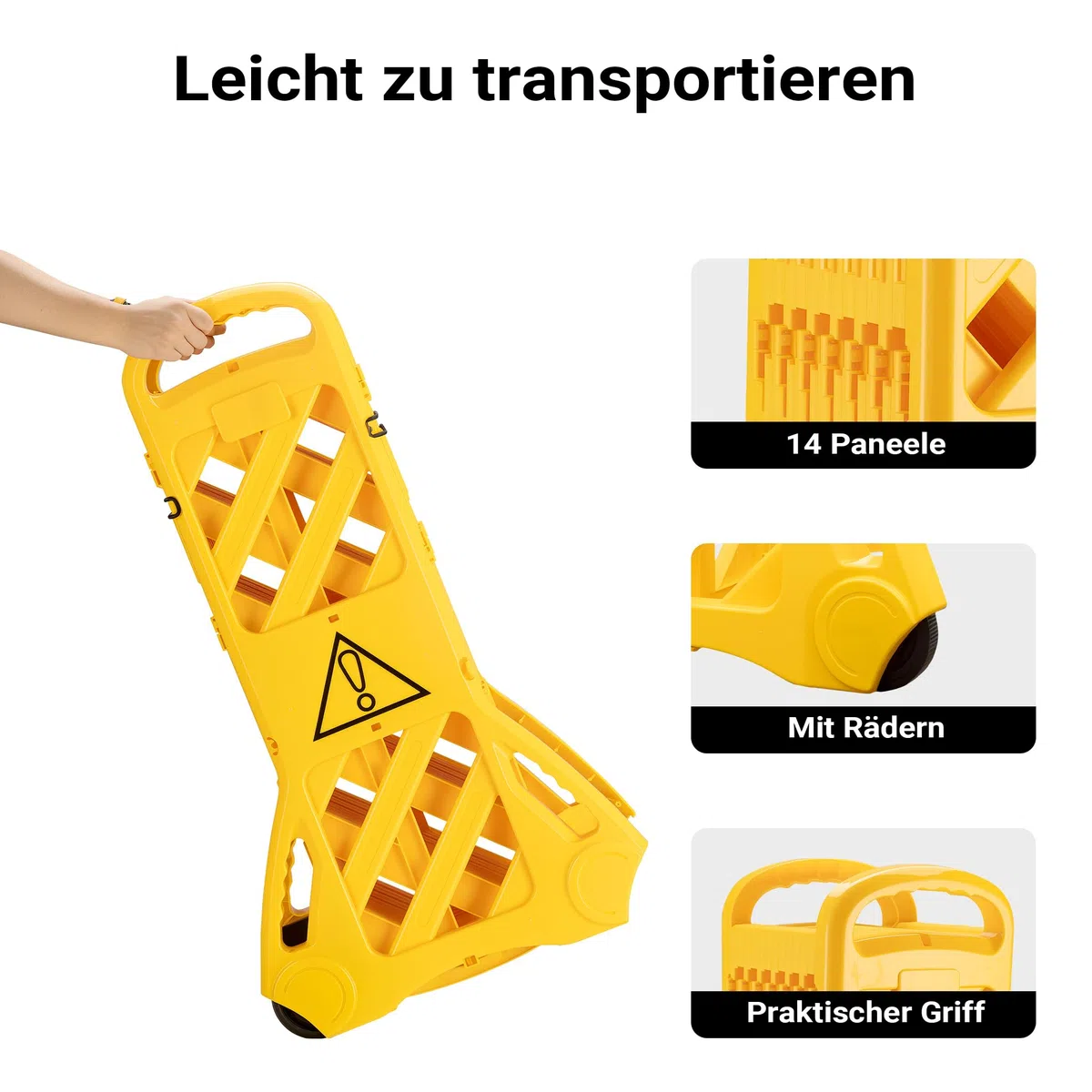 Wiltec mobile Absperrung aus Kunststoff faltbar 60 x 32 x 101 cm, Mobilzaun ausziehbar bis 3,9 m mit Rollen, Absperrzaun aus robustem Material
