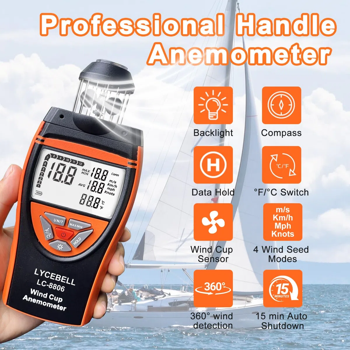 8806 Wind Cup Anemometer – Präzises Windmesser Windmessgerät mit Temperaturmessung für Industrie, Outdoor & HVAC | Windgeschwindigkeit 0,7-42 m/s, Hintergrundbeleuchtung, Stativgewinde