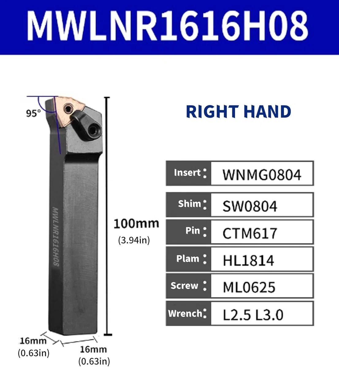 16 mm MWLNR1616H08 Indexierbarer Hartmetalldrehwerkzeugeinsatz-Halter mit 10 Stück WNMG080408-MA WNMG432 Indexierbare Hartmetalldreh-Einsatz-Schneideklinge