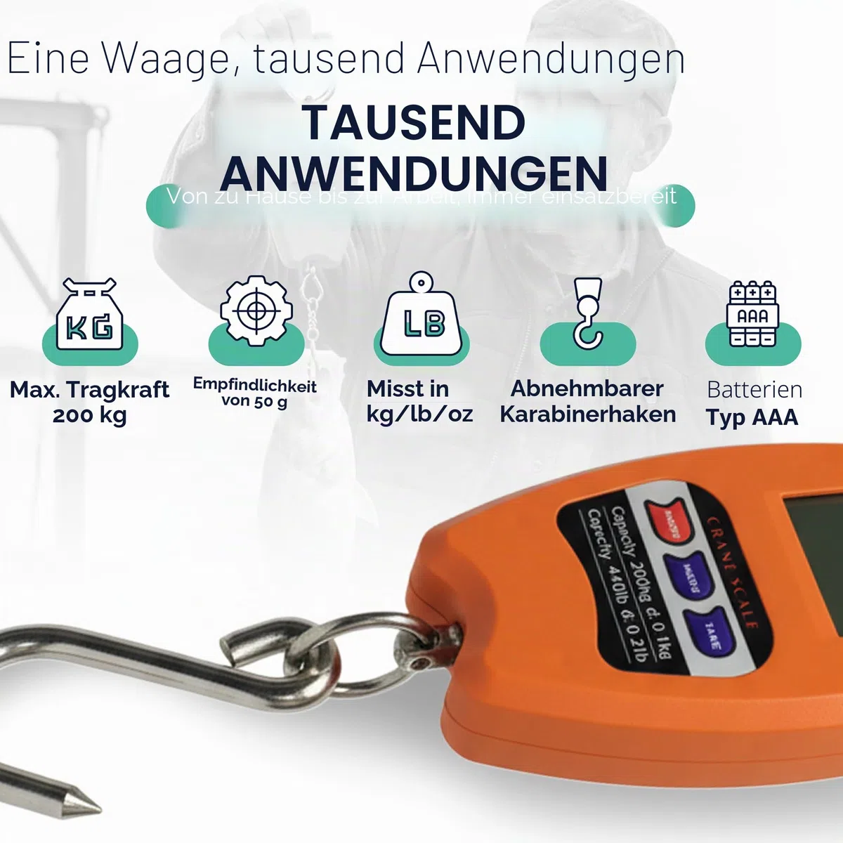 Tempo DI SALDI Professionelle Digitalwaage für Industrie, Haken Dynamometer, max. 200 kg, SONSTIGES