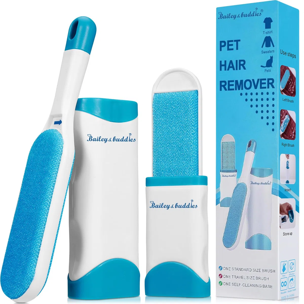 Bailey & Buddies Tierhaarentferner - Wiederverwendbare Fusselrolle mit selbstreinigender Basis - Entfernt Hunde- & Katzenhaare von Möbeln, Teppichen, Kleidung & Auto