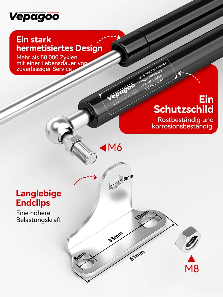Vepagoo 380MM 450N/45KG Gasdruckfeder, 50CM Universal regelbar Schwerlast L-Typ Gasdruckdämpfer Hydraulisch Gasfeder für Bett Tür Deckel Schuppen Fenster und andere individuelle Anwendungen, 2er