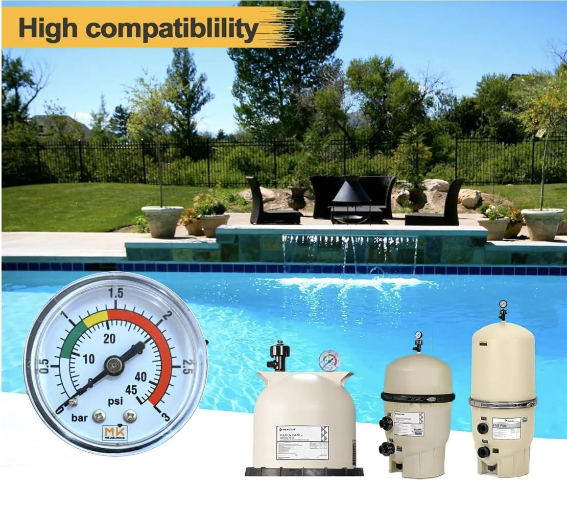 Poolfilter-Manometer 0-3 bar / 45 PSI, 1/4" BSP Messinganschluss axial, 2" Zifferblatt, für Sandfilteranlagen – Inkl. Teflonband und 1/8" Adapter