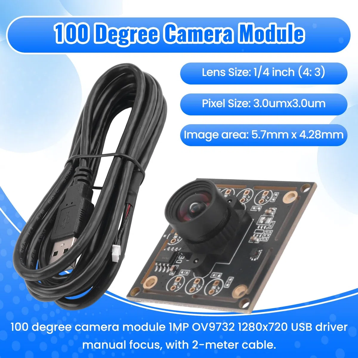 Jevina 3 STK. 100-Grad-Kameramodul 1 MP OV9732 1280 X 720 USB Kostenloser Treiber Manueller, mit 2 Meter Kabel für WinXP/7/8/10