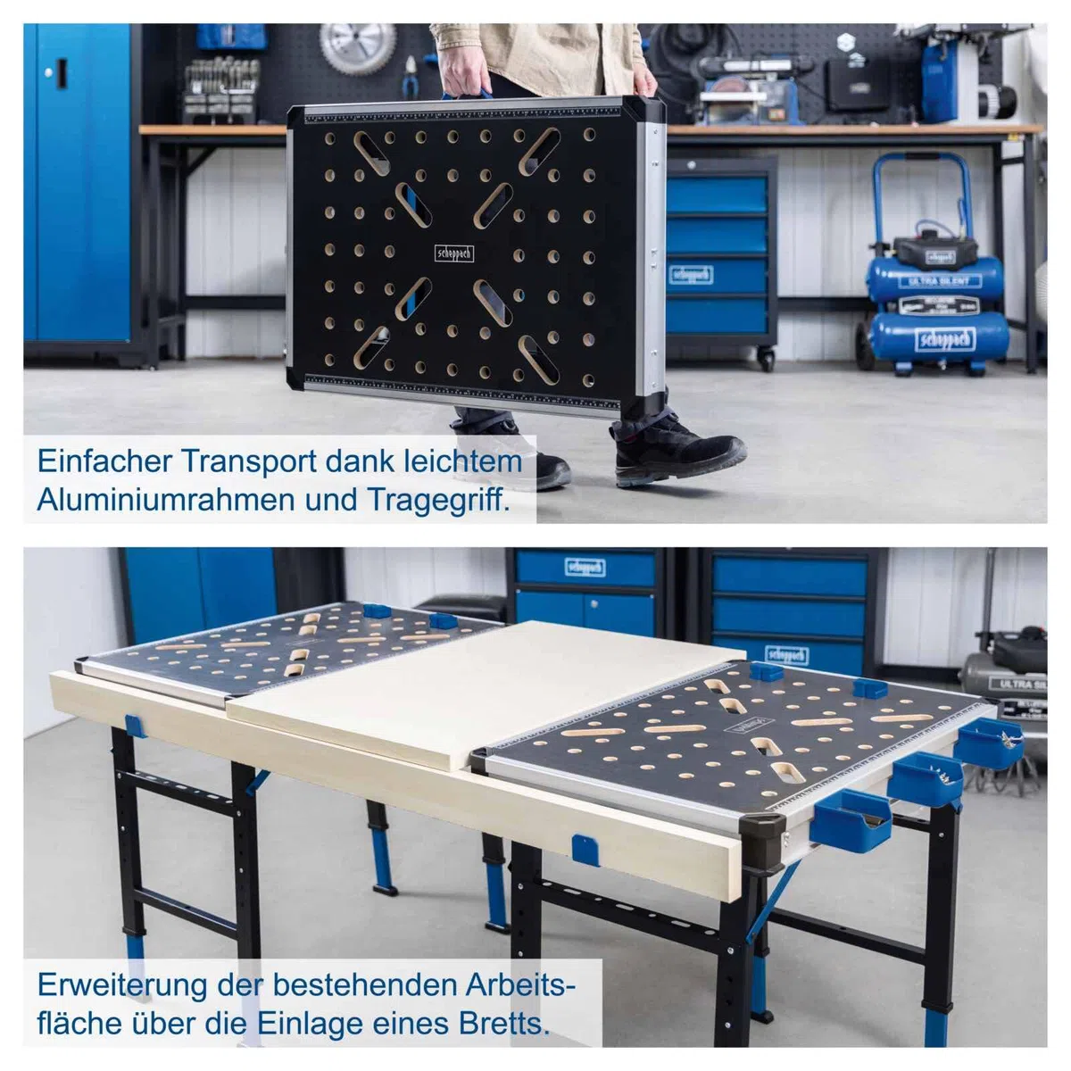 Scheppach Werkbank und Spanntisch MWB150 | max. 450 kg Traglast | 5-Fach höhenverstellbar 733 – 888 mm | Integrierte Messskala | 20 mm Lochrastersystem | 848 x 600 x 85 mm Arbeitstisch mit MDF-Platte