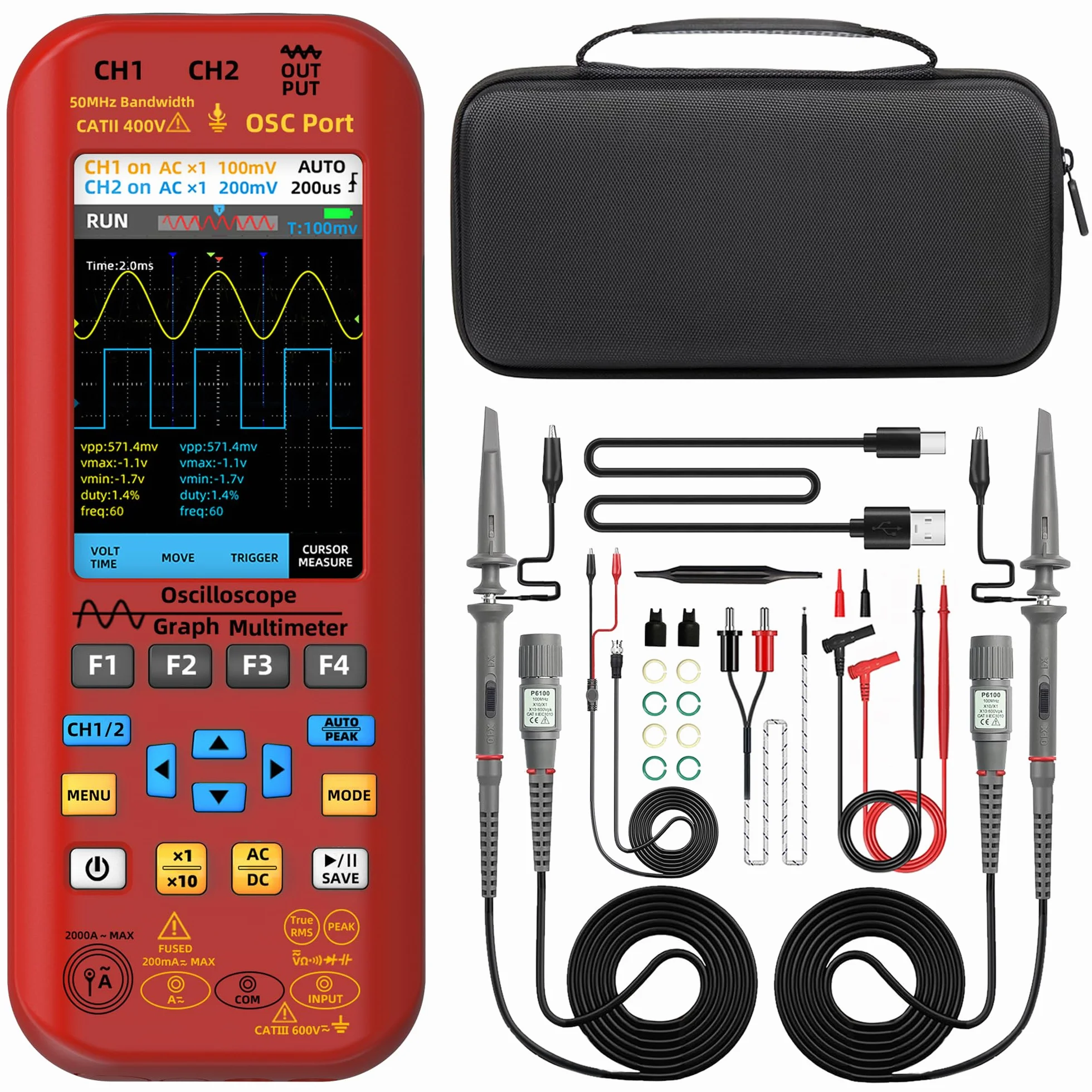 BSIDE O9 Handheld Digital Oszilloskop 2 Kanal 50MHz 250MSa/s 5000mAh Multimeter TRMS 20000 Zähler 3.98" Großem Farbdisplay 7 Wellenform Signalgenerator Unterstützung Rogowski Spule AC Strom 2000A