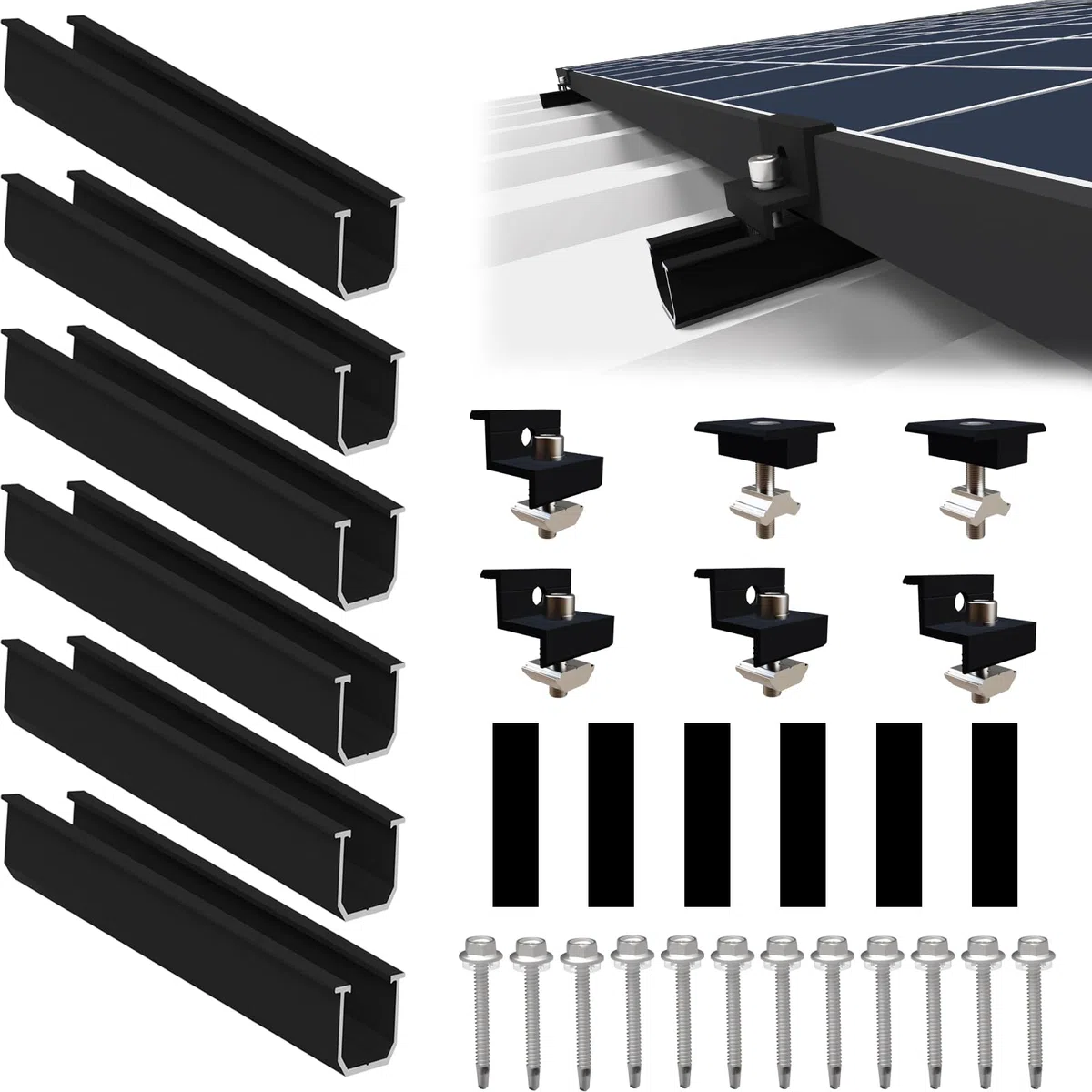 Solarmodul Halterung für 2X Module, PV Halterung Montageset - 12CM Schwarze Schiene + Verstellbare Klemme für 30-35MM Dicke Module, Alu Solarpanel Halterung Flachdach Trapezblech Blechdach