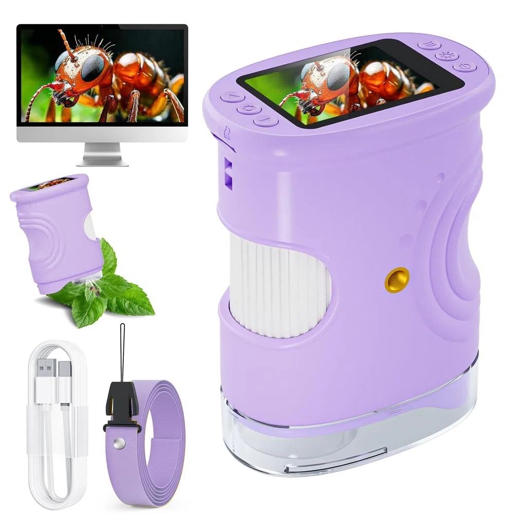 Handy Digital Mikroskop für Kinder, 1080P HD 2.0" Bildschirm Mini-Mikroskop, 1000X USB tragbares Taschenmikroskop, Wiederaufladbares Tragbares Mikroskop, Science draussen ab 3 Jahren (Purple)