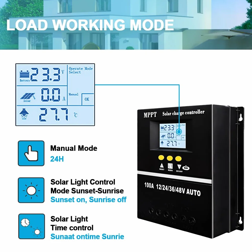 100A MPPT Solar Laderegler 12V 24V 36V 48V LCD Display Bildschirm Batterie intelligenter Regler mit maximalem 100V Eingang Dual USB für Blei-Säure/Lithium Batterien