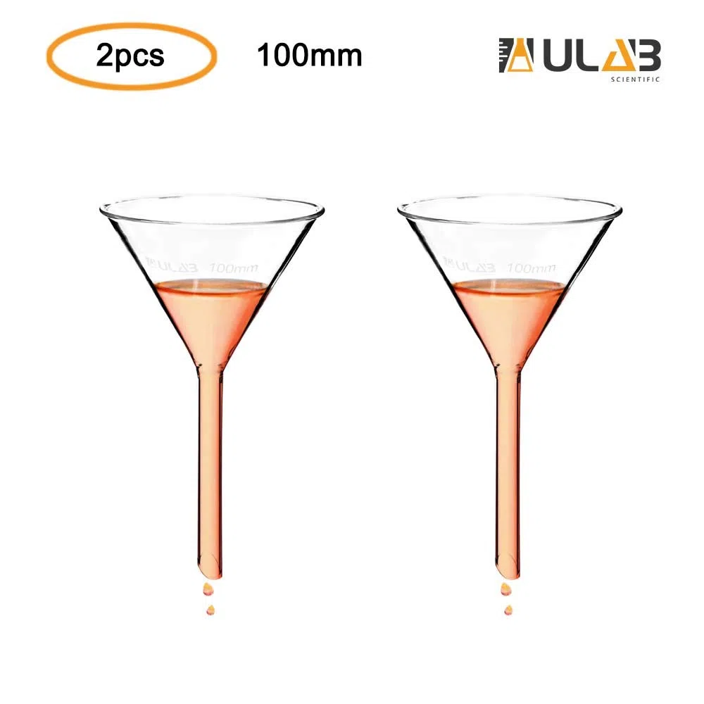 ULAB Scientific 100mm Glastrichter, kurzer Stieldurchmesser 13mm, 3.3 Borosilikatglas, dickwandig, 2er-Pack, UGF1010