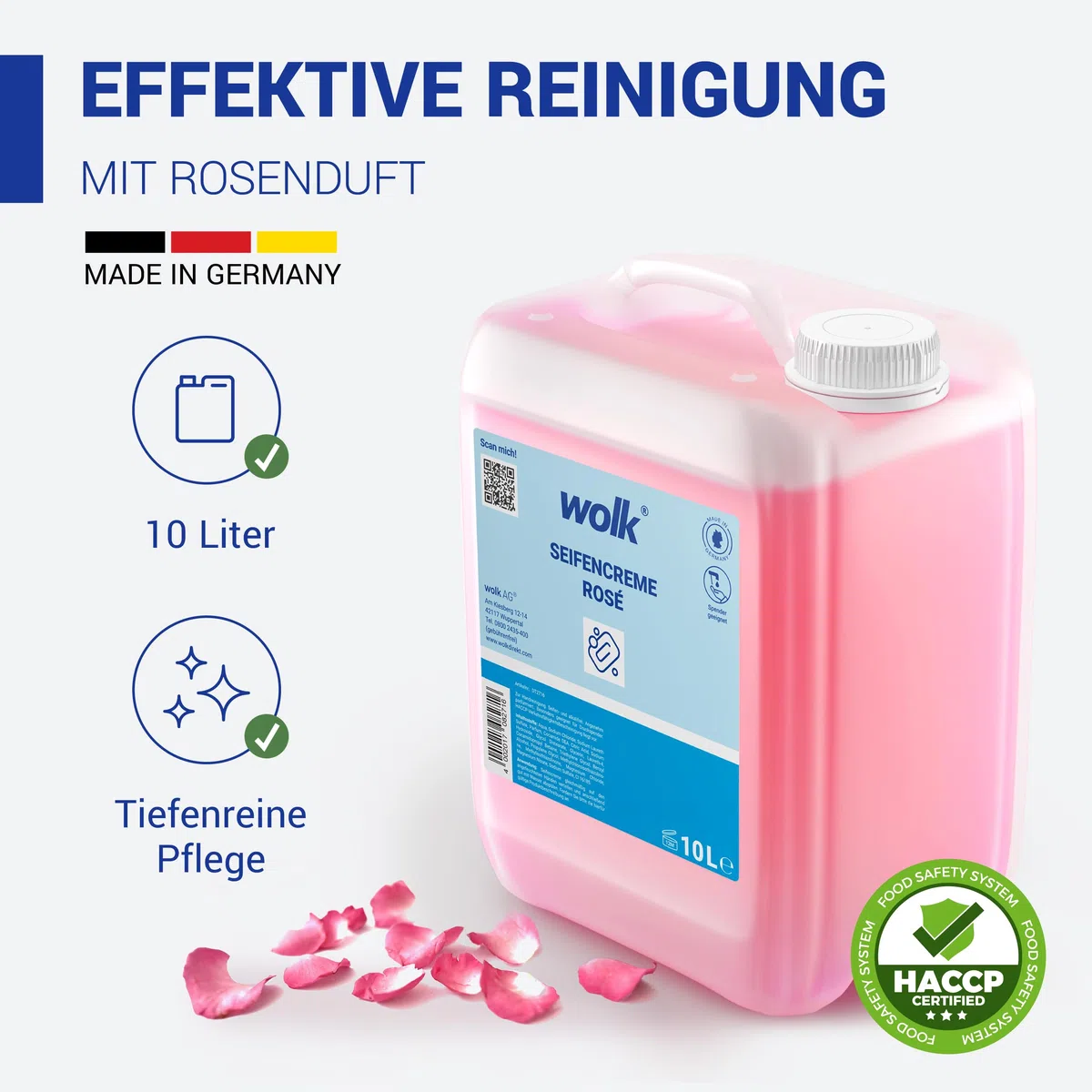 wolk Handseife Flüssig 10 Liter Rosé Kanister - Milde Seifencreme | Alkalifreie Handwaschseife mit Rosenduft, ideal als Flüssigseife Nachfüllpack für alle gängigen Seifenspender.
