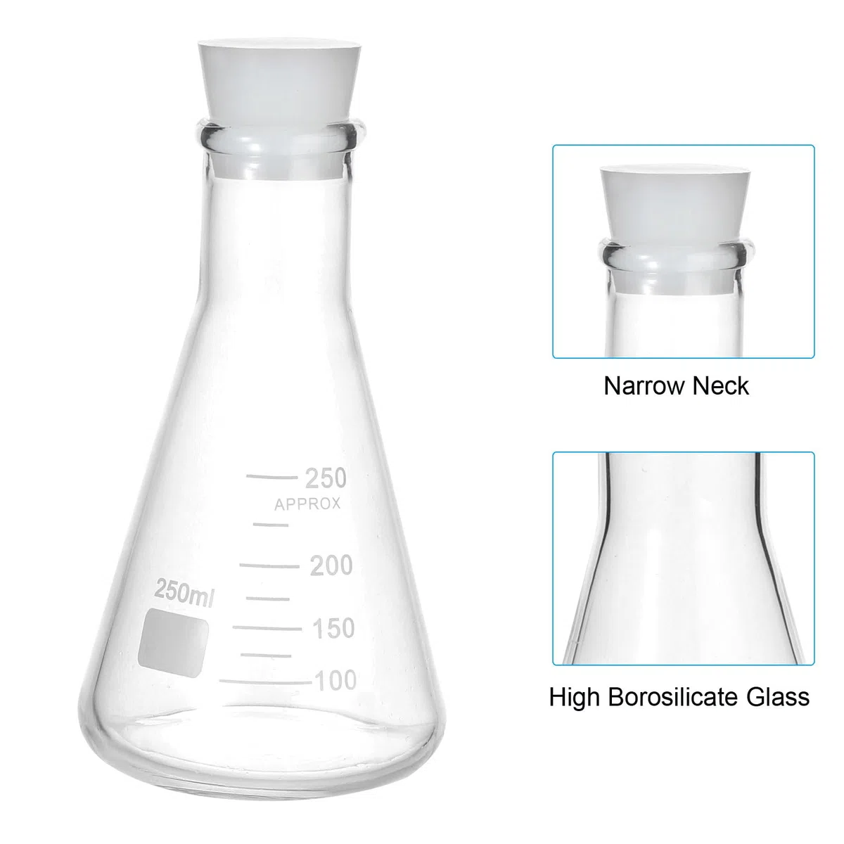 PATIKIL Erlenmeyerkolben 2 Set 250ml 8.5oz Schmalhals Messkolben Mit Silikonstopfen Borosilicatglas Kolben Mit Aufgedruckter Skala Für Laborversuche Chemie Wissenschaft