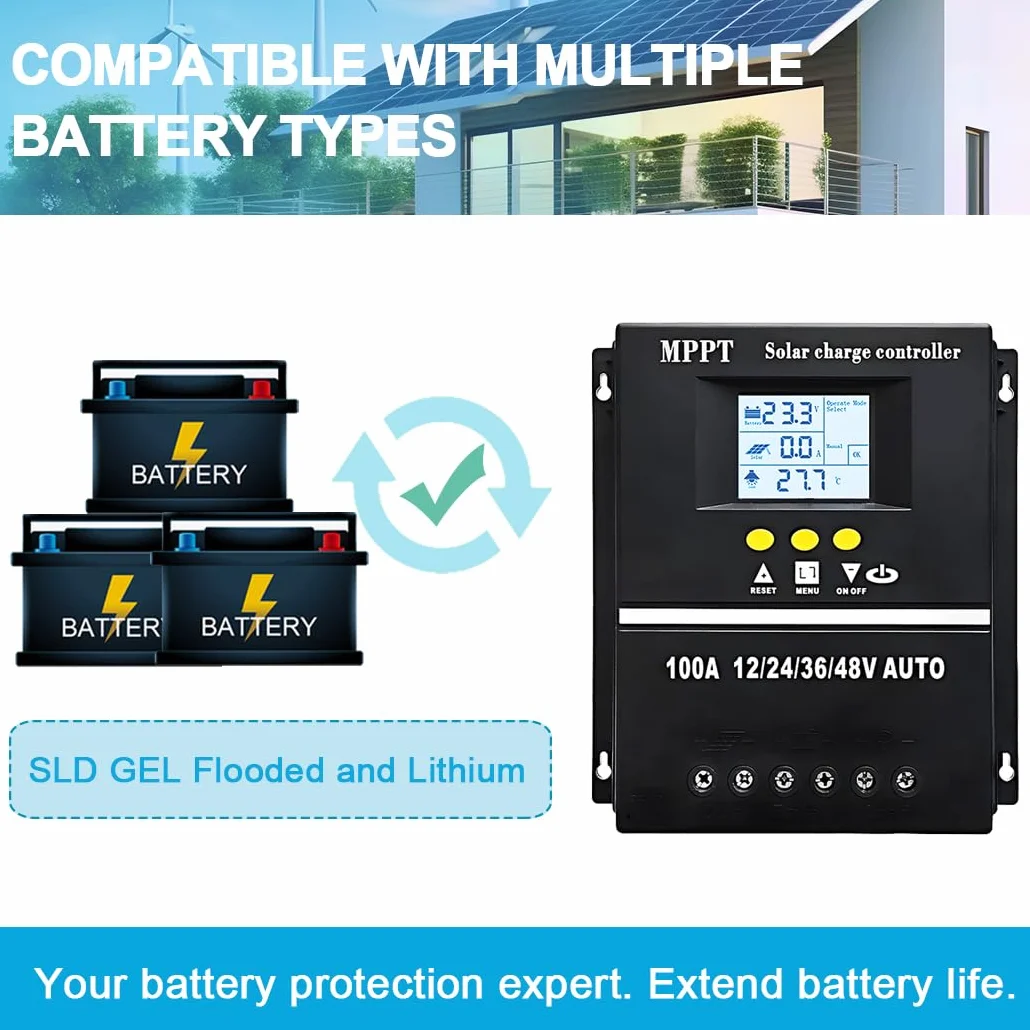 100A MPPT Solar Laderegler 12V 24V 36V 48V LCD Display Bildschirm Batterie intelligenter Regler mit maximalem 100V Eingang Dual USB für Blei-Säure/Lithium Batterien