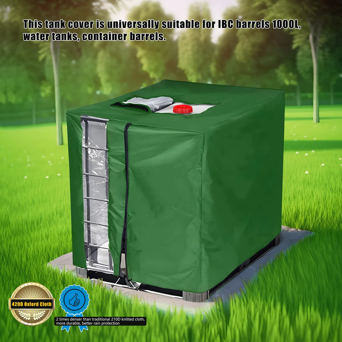 IBC Tank Abdeckung 1000L mit Sichtfenster, Abdeckplane IBC Container Cover mit Reißverschluss, UV-anit Abdeckplane für Regenwassertank, 420D wasserdichte Schutzhülle Schutzplane (120 * 100 * 116CM)