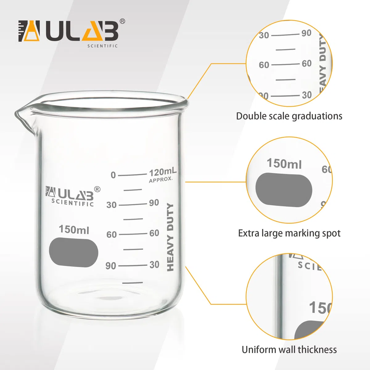 ULAB Heavy Duty Glas Becher, 6pcs von Vol.150ml(5.07oz), Borosilikat 3.3 Glas, dicke Wand Becher, mit doppelter Skala, Superior Durability & chemische Beständigkeit, UBG1052