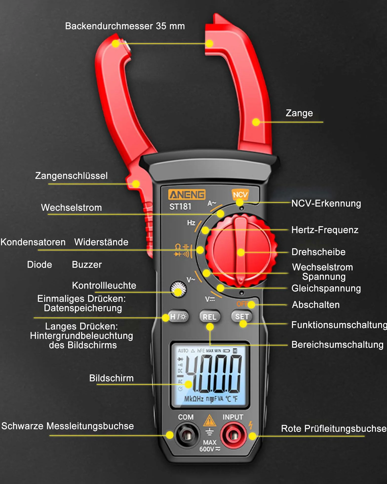 Digitales Stromzange AC DC Multimeter: True-RMS 4000 Counts Strommesszange Amperemeter mit Automatischer Bereichswahl zum Messen von AC/DC-Spannung Strom Widerstand Kapazität Durchgang NCV-Erkennung