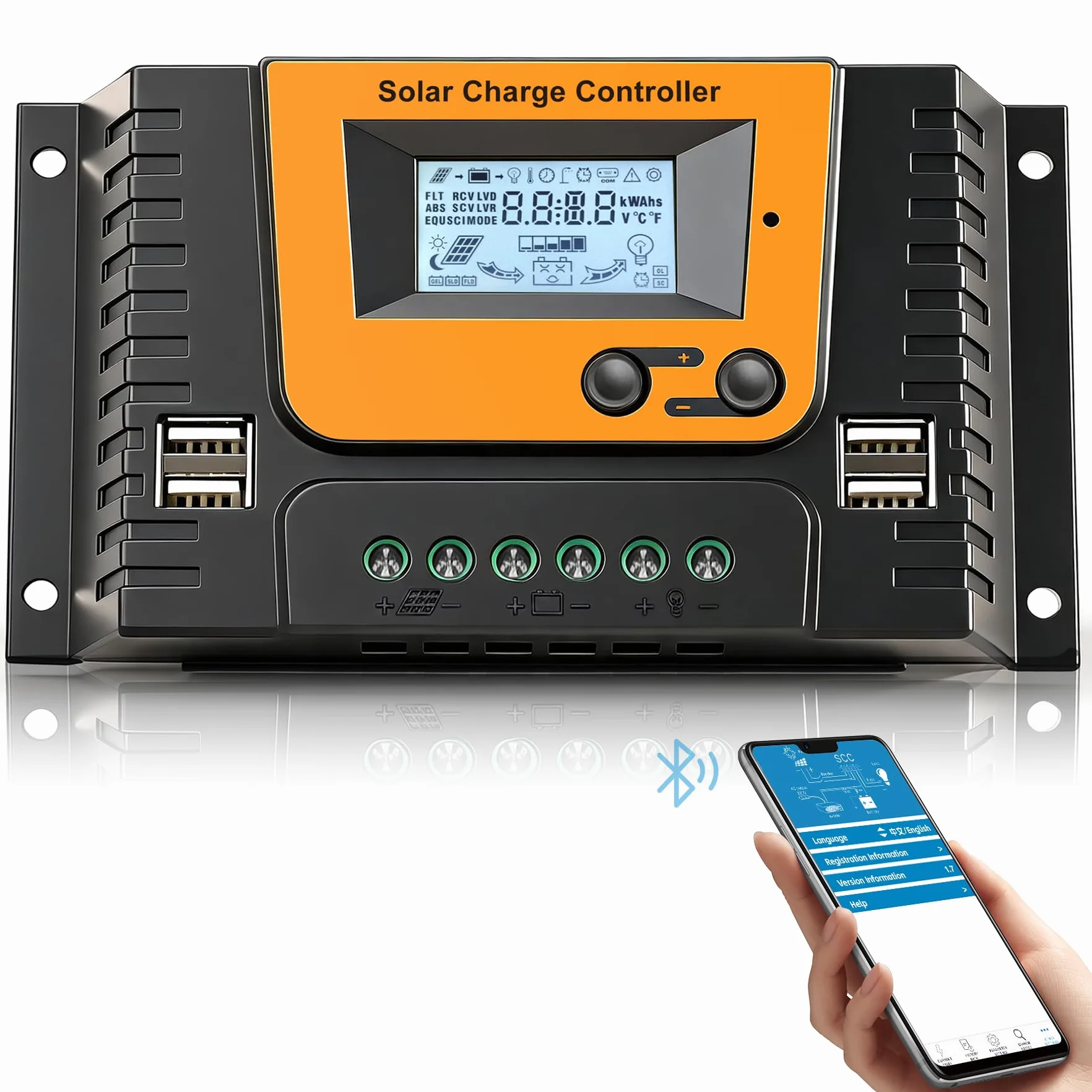 20A Solar Laderegler 12V 24V Mit Bluetooth, PWM 20A Solarladeregler mit Temperatursensor LCD Anzeige und 4 USB Ports,Geeignet 12V 24V LI SLD FLD GEL AGM Batterie