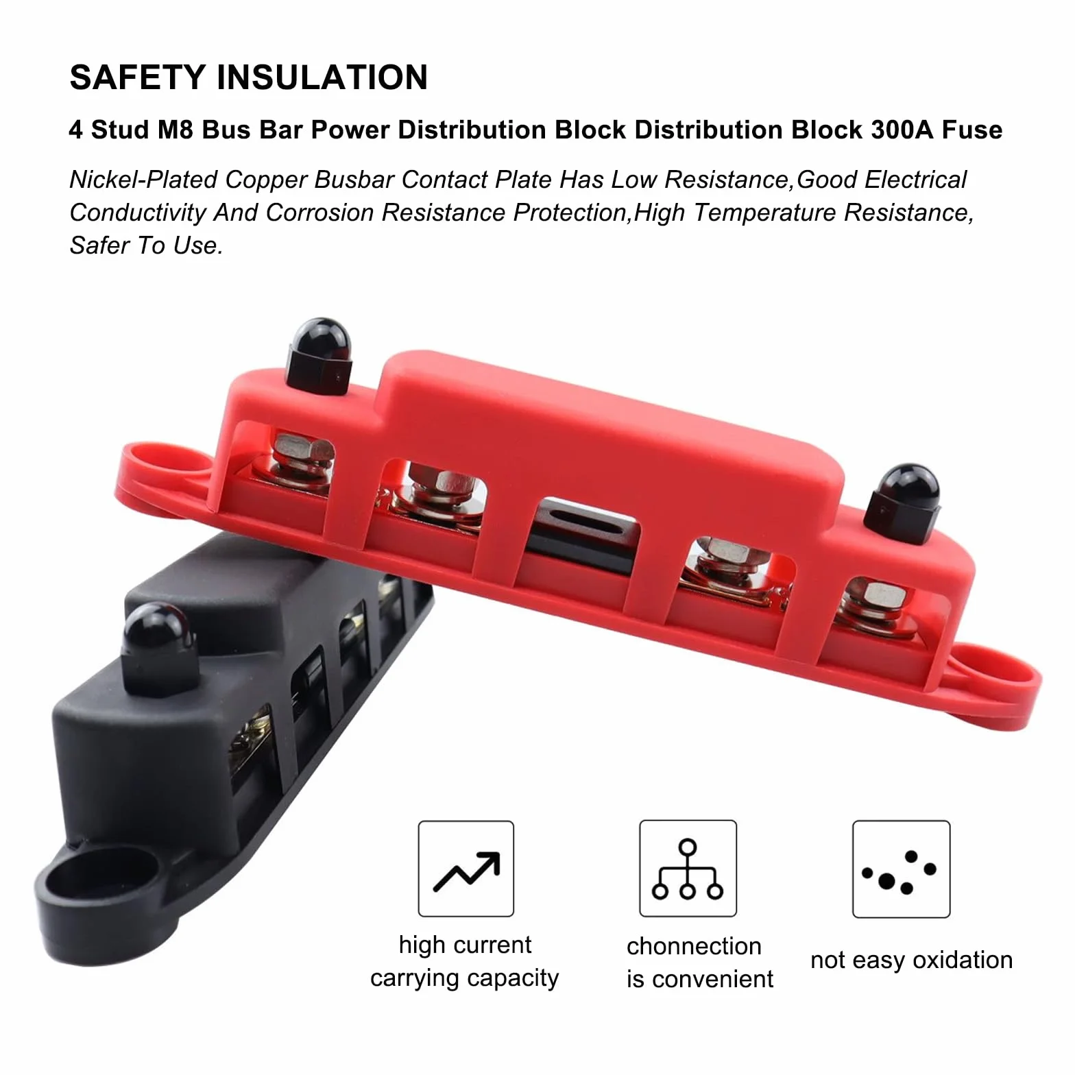 12V-48V DC Sammelschienen Verteilerblock 300A BusBar Box mit 4 x M8 Klemmenbolzen Hochleistungsmodul,Stromverteilungsblock Erdungsstrom für Auto RV LKW Boat Yacht (Rot Schwarz, 2PCS)