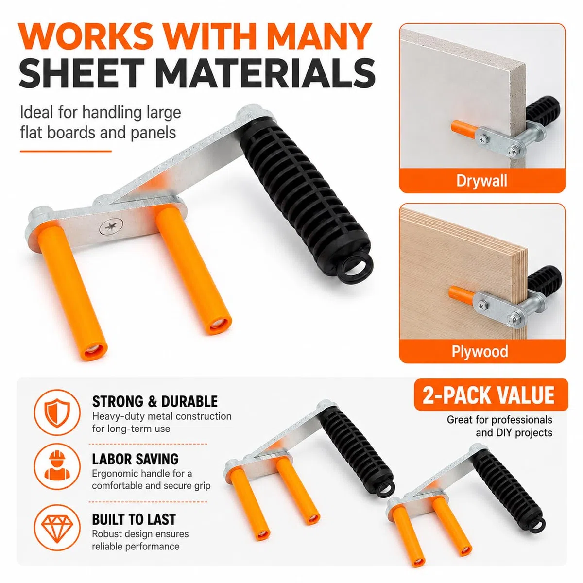 2PCS Panel Carrier Gripper Allzweck-Trockenbauheber Ergonomische Platte Glasträger Handlicher Griff Handträger Board Lifter für Sperrholz Trockenbau Spanplatte Dicke Glasplatten Blech Waren,Silbrig