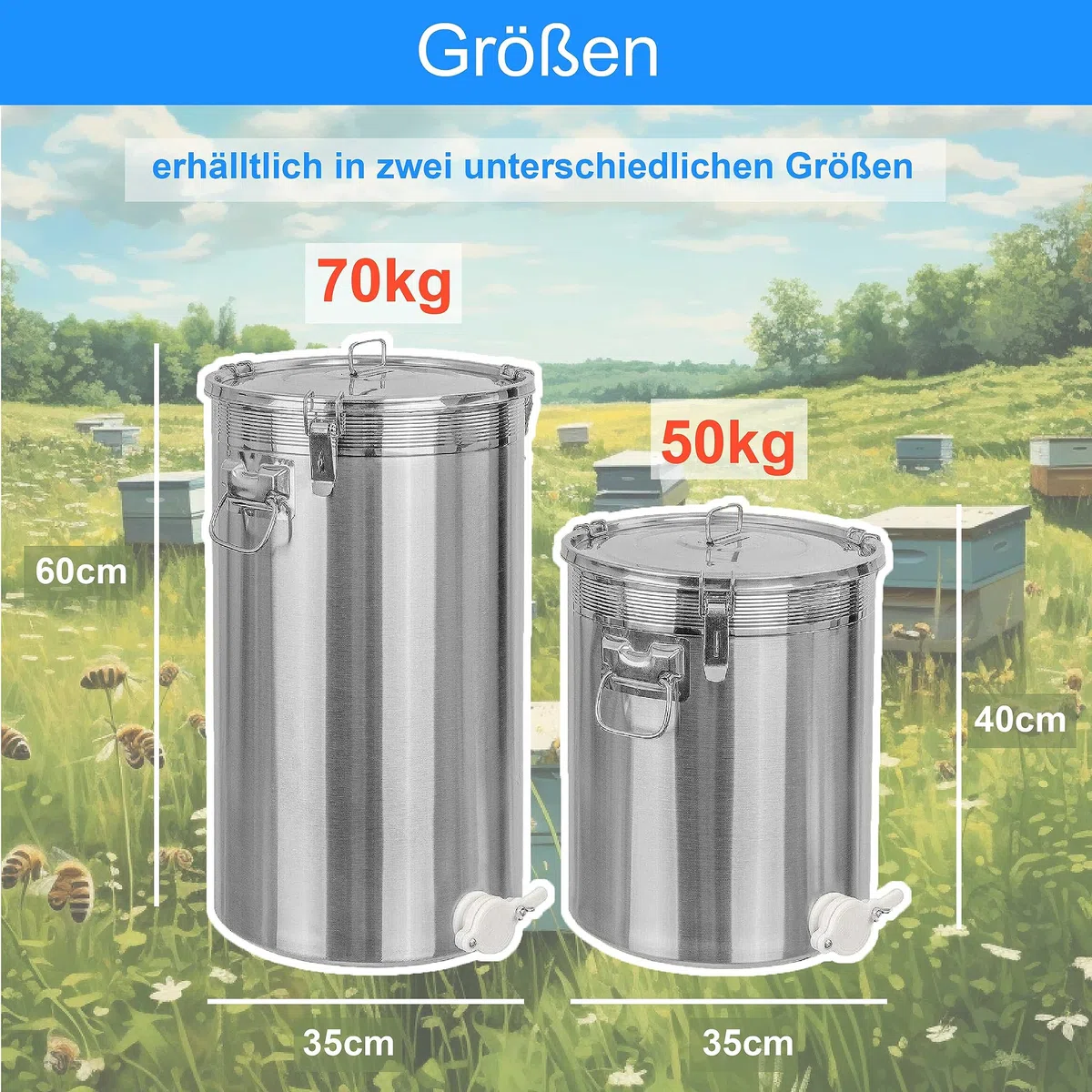 ONPIRA Edelstahl Honig Abfülleimer mit Quetschhahn Abfüllbehälter in 4 Varianten auswählbar (50kg, Kunststoff Quetschhahn)