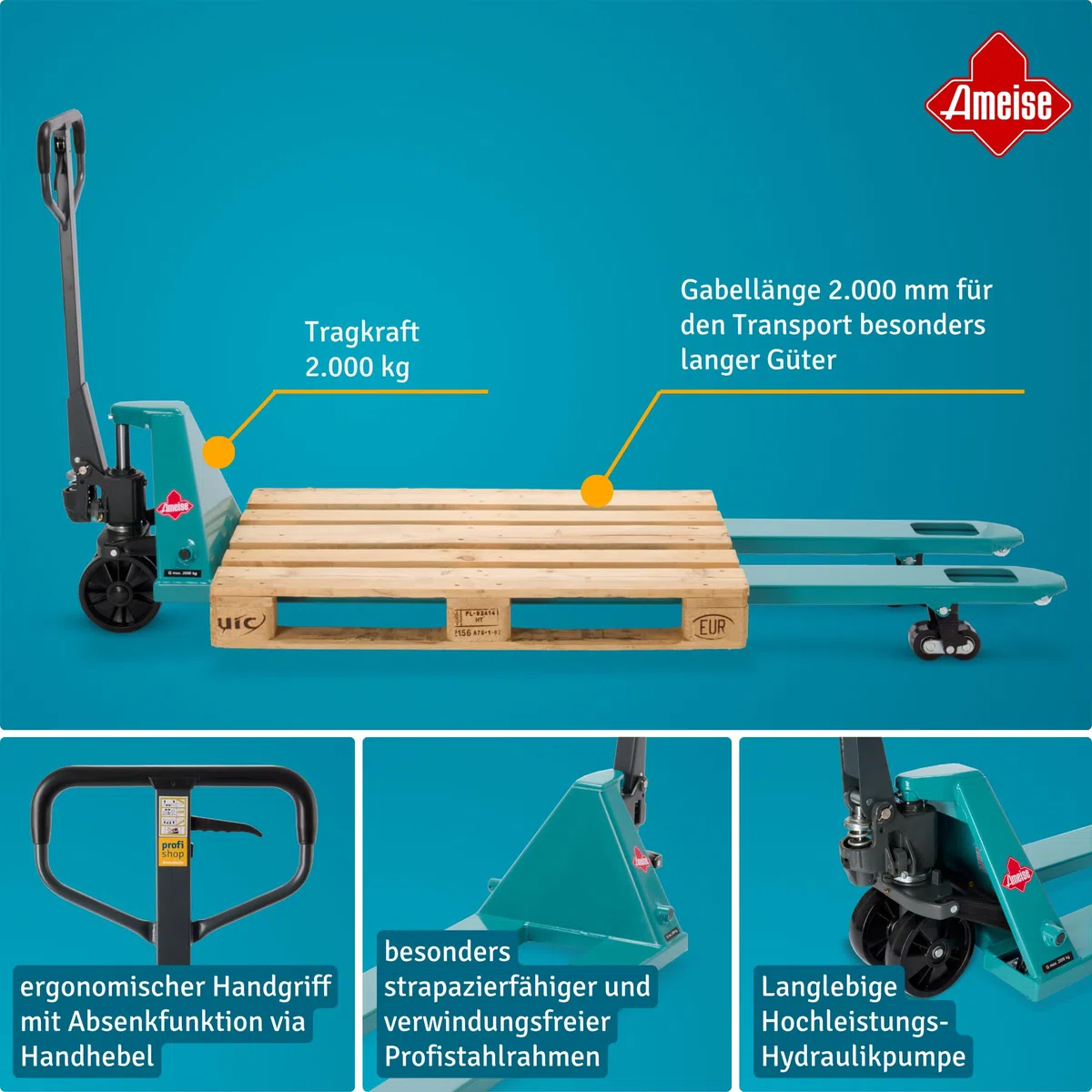 Ameise Hubwagen PTM lang | 2.000 kg Tragkraft | 2.000 mm Gabellänge | Lenkrad/Gabelrolle aus robustem Polyurethan | Tandem-Gabelrollen | Palettenhubwagen