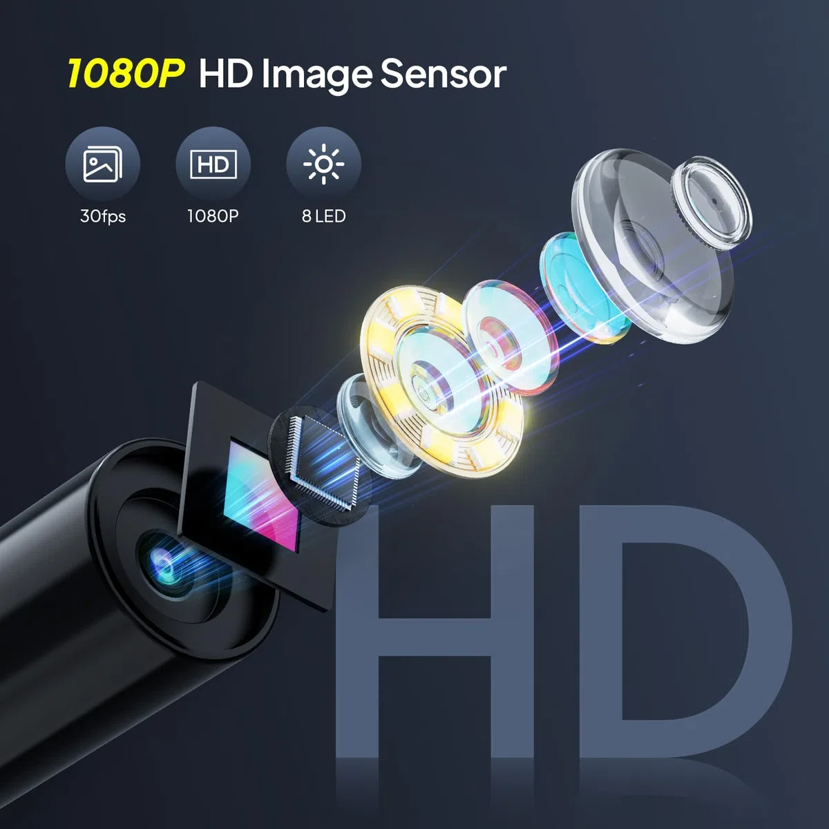 Endoskopkamera mit Licht, QIMIC Endoskop 1080P HD Rohrkamera Kanalkamera mit 8 LEDs, 2.4" IPS IP67 Bildschirm Inspektionskamera Livebild mit 2X Zoom Halbstarres Kabel 16.4FT, 2000mAh Akku