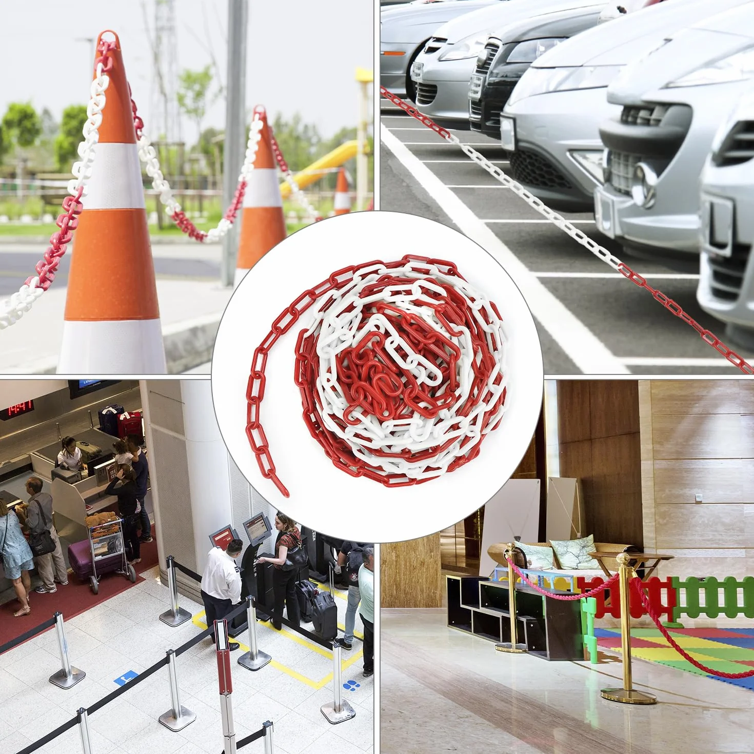 QWORK® Absperrkette aus Kunststoff, 8mm 25M Absperrkette Rot weiß, für Hotels, Parkplätze, Bahnhöfe