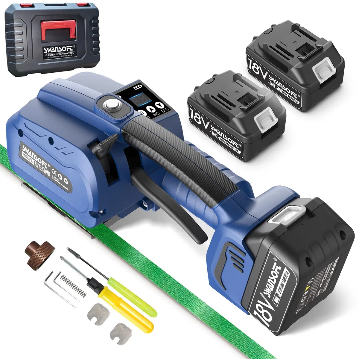 SWANSOFT Umreifungsgerät Akku für 13-16 mm PP-/PET-Band mit Digitaldisplay, 2 x 4000 mAh Akku, 3200N Elektrische Umreifungsmaschine Mit Kunststoffkasten Umreifungsgerät Elektrisch für Paletten