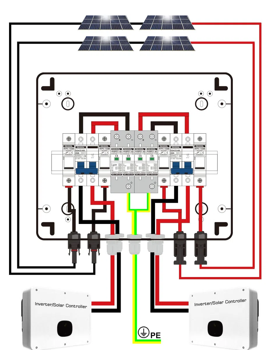 DIHOOL PV-Solar-Kombinierbox für Solarzellen, 2-strängig, 25 A, Anschlussdose, DC500 V, 25 A, 2-in-2-Ausgang