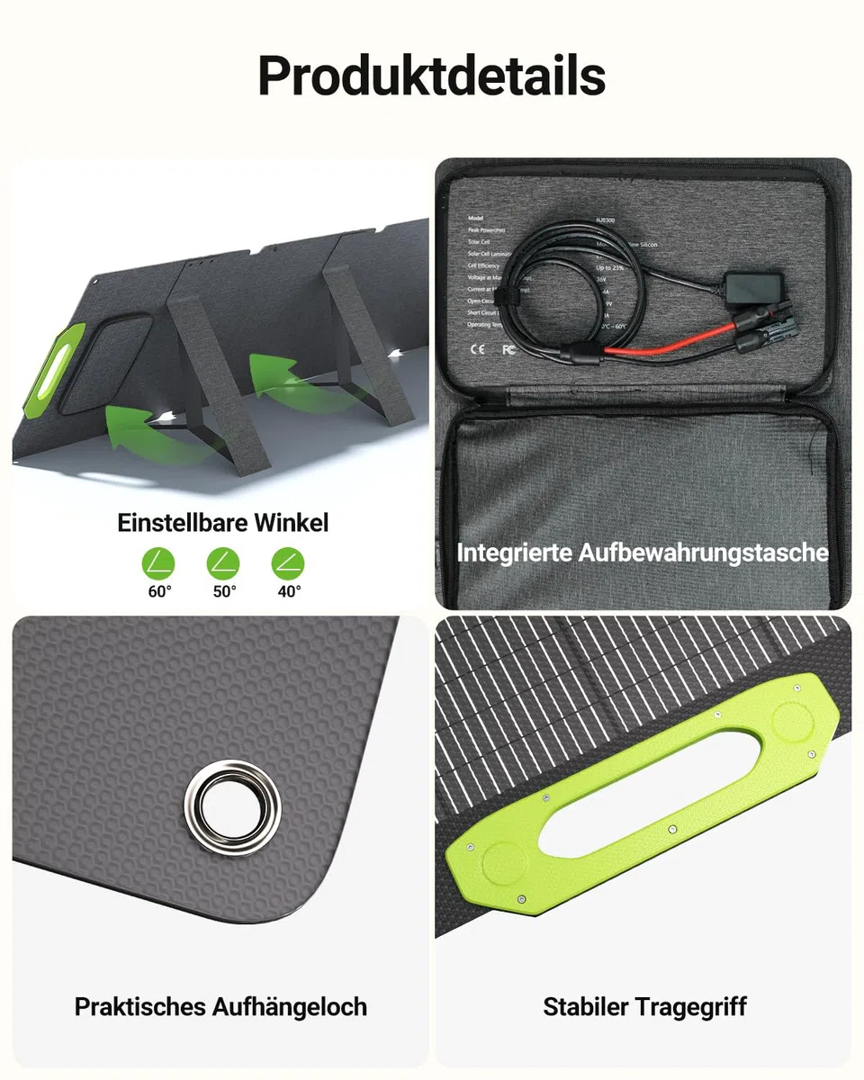 400W Solarpanel Faltbar mit 4-in-1 Kabel (Anderson/XT60/DC5521/DC5525), IP67 Wasserdicht, Verstellbarer Neigungswinkel, Solarpanel Camping für Tragbare Powerstation, Outdoor Garten Wohnwagen