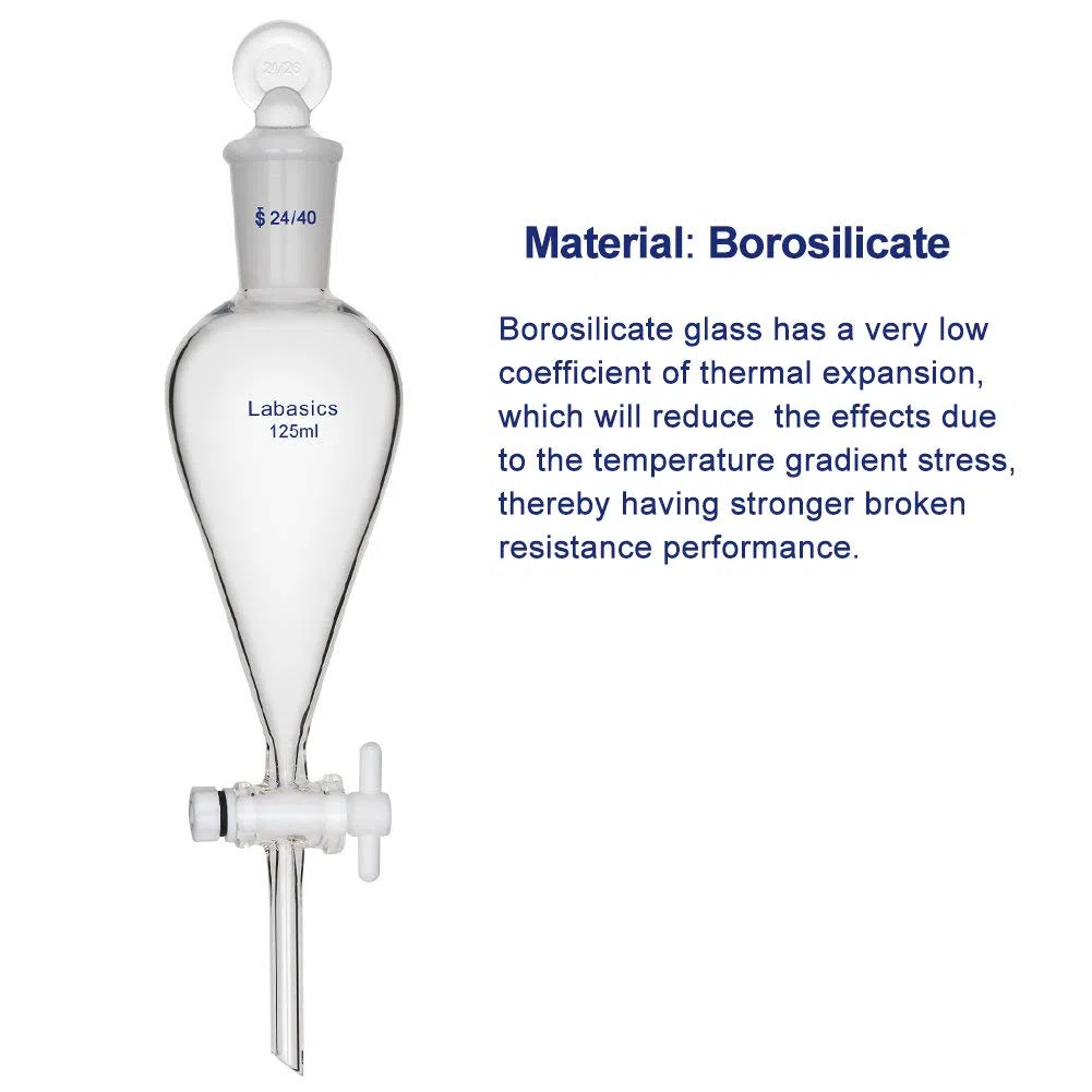Labasics 125ml Borosilikatglas Konischer Scheidetrichter mit PTFE-Absperrhahn, Separatory Funnel