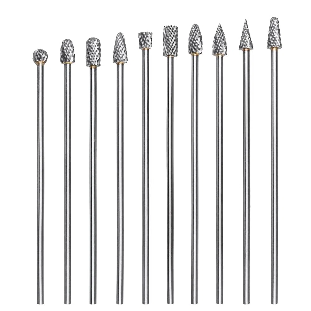 Treki 10 Stück 100mm Lang Hartmetall Frässtifte mit 3mm Schaft Wolframcarbid Fräser Fräsaufsatz für Akkuschrauber, Lang Hartmetallfräser Metallfräser Holzschnitzerei Bohrer Set für Holzarbeitung
