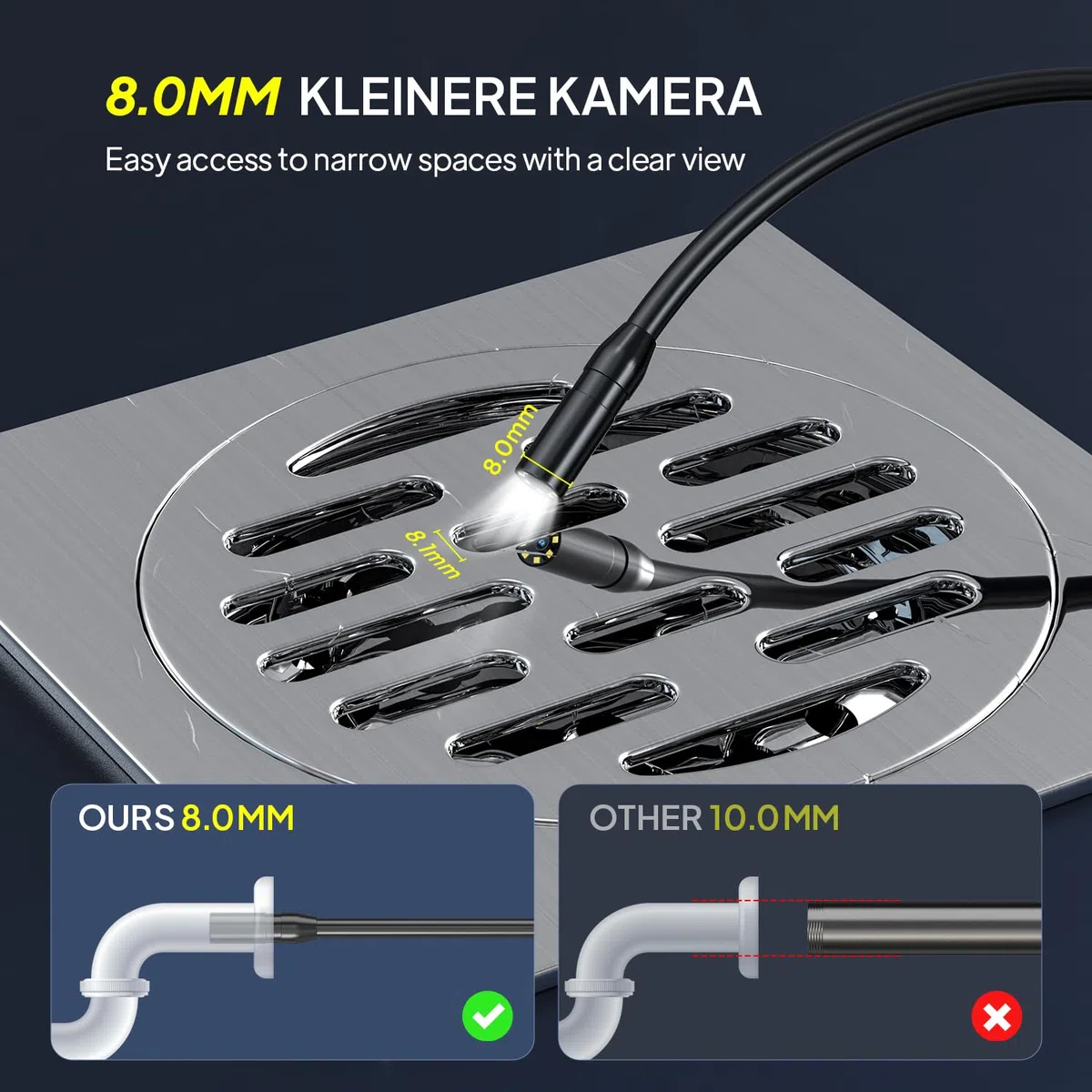 Endoskopkamera mit Licht, QIMIC Endoskop 1080P HD Rohrkamera Kanalkamera mit 8 LEDs, 2.4" IPS IP67 Bildschirm Inspektionskamera Livebild mit 2X Zoom Halbstarres Kabel 16.4FT, 2000mAh Akku