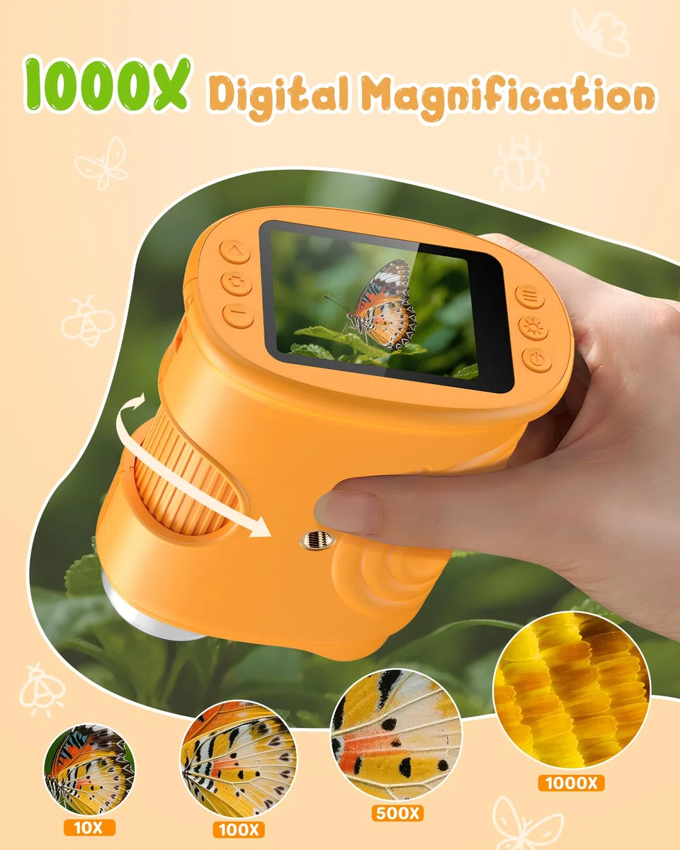 1000X Digital Mikroskop für Kinder Lupe: Handy Taschenmikroskop mit 2.0" IPS Bildschirm & 8 LED Licht - Geschenk ab 3-6 6-12 Jährige - Mini Magnifying Glass - Kids Gartenspielzeug Gelb Mint-Spielzeug
