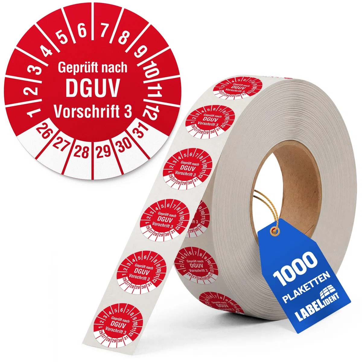 Labelident Prüfplaketten Geprüft nach DGUV Vorschrift 3 - Ø 20 mm - 1.000 auf Rolle, 2026-2031, selbstklebend
