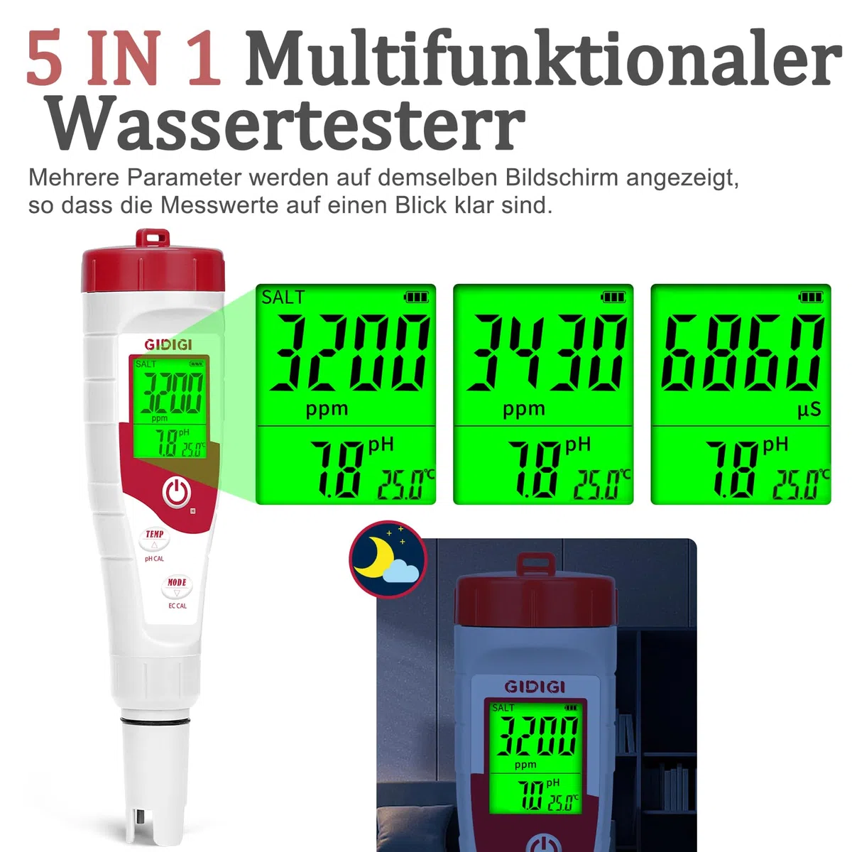 Pool Salt Meters,pH Meter for Water, 5-in-1 Salinity Meter with Display of Multiple Parameters, TDS EC Salt tester for Swimming Pools, Spas, Aquariums
