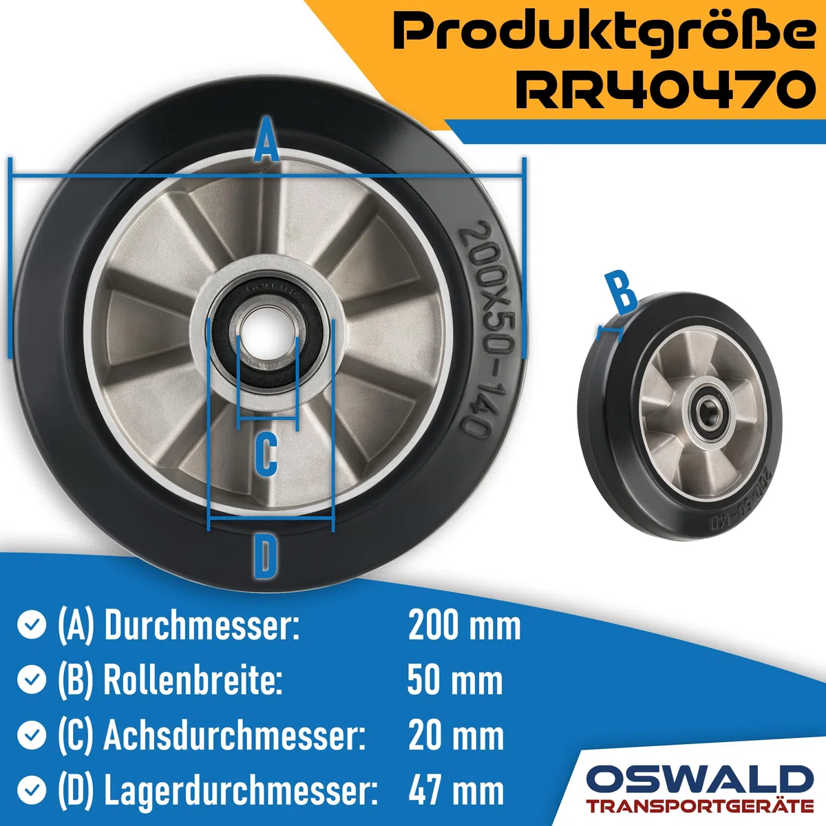 Hubwagen Rad Gummi 200 x 50/50 mm, Achse 20 mm - Ersatzrad inkl. Kugellager