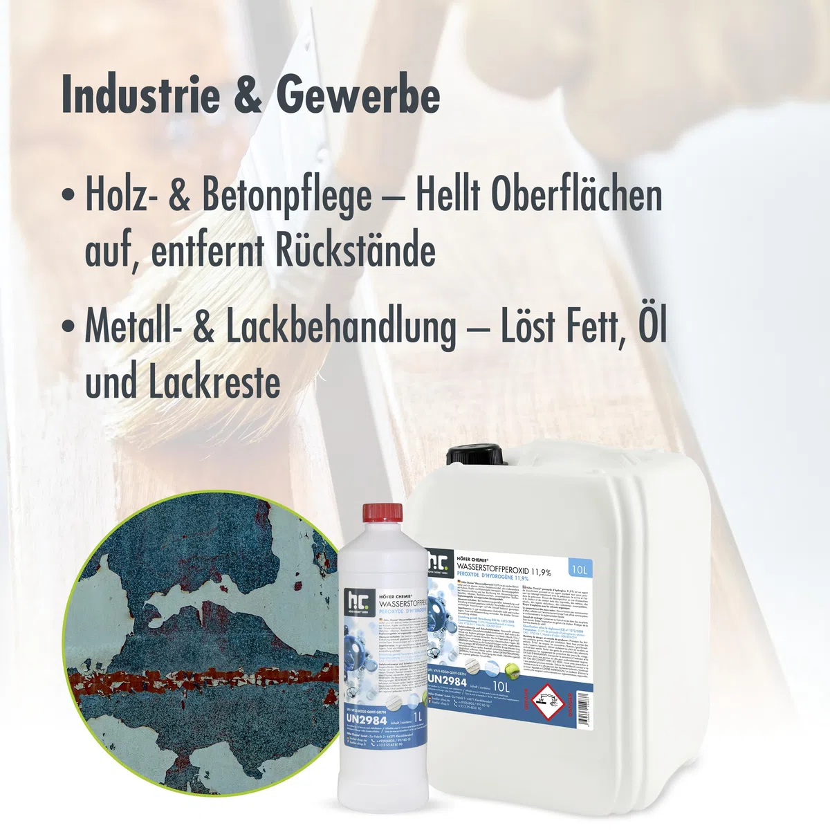 Höfer Chemie 10 L Wasserstoffperoxid 11,9% – Technische Oxidationslösung – stabilisiert mit 1% Phosphorsäure – Vielseitig einsetzbar zum Bleichen, Reinigen & Technischen Gebrauch