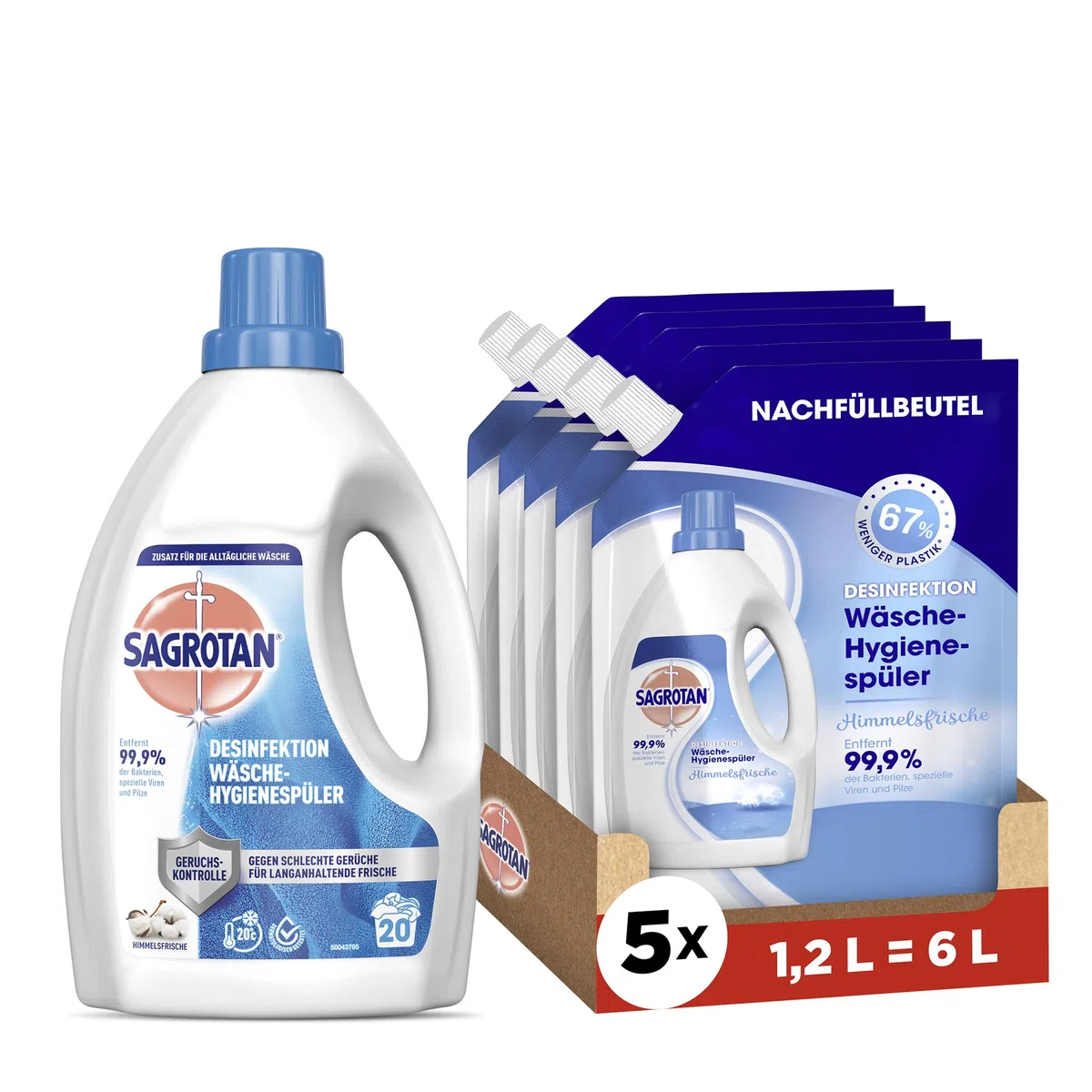 Sagrotan Wäsche-Hygienespüler Frisch, Waschmittel-Zusatz - 1,5 L & Sagrotan Wäsche-Hygienespüler Himmelsfrische Nachfüller 5 x 1,2l