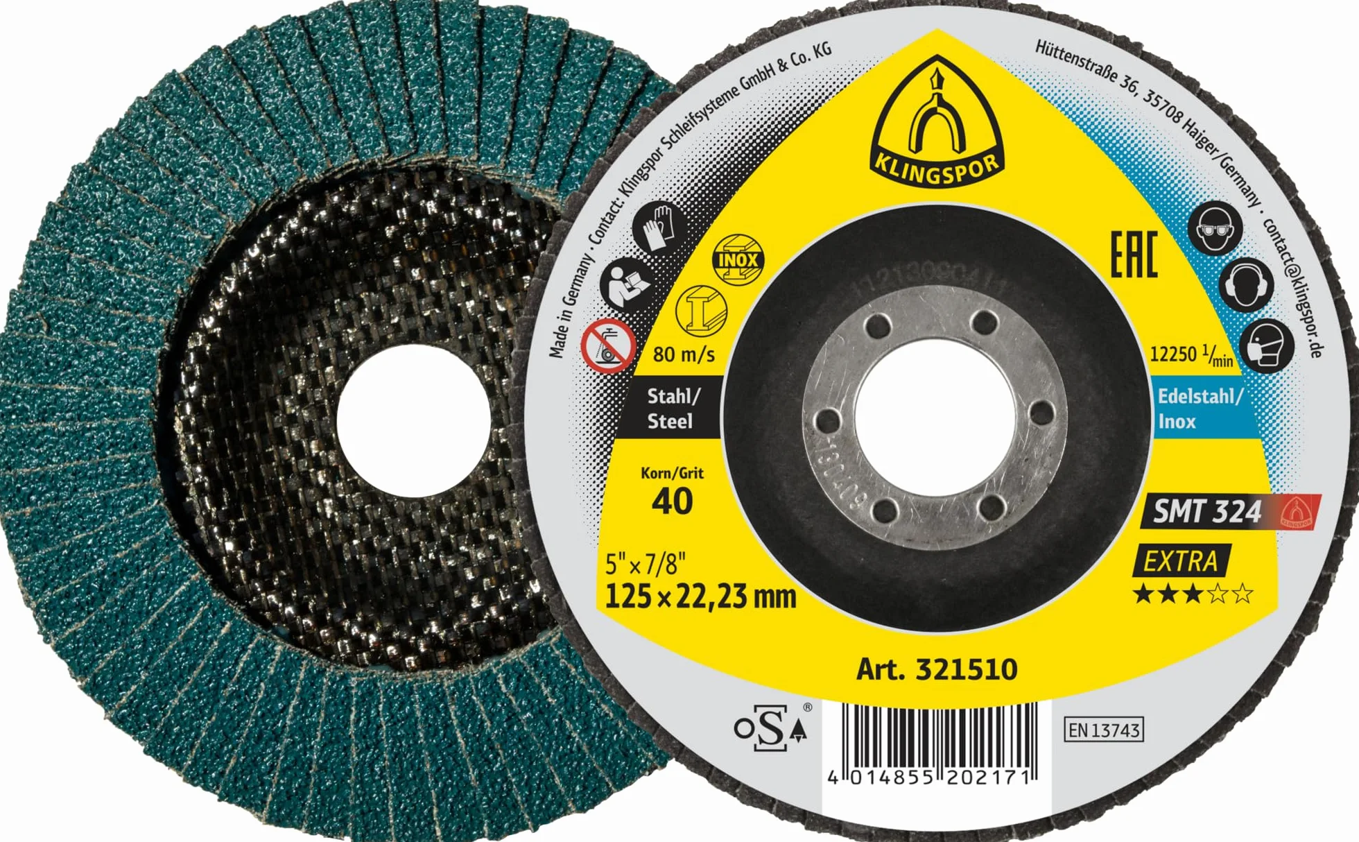 SMT 624 Supra Schleifmopteller Fächerscheiben 125 x 22,23 mm Korn 40 gewölbt für Edelstahl und Stahl 322772 | 10 Stück