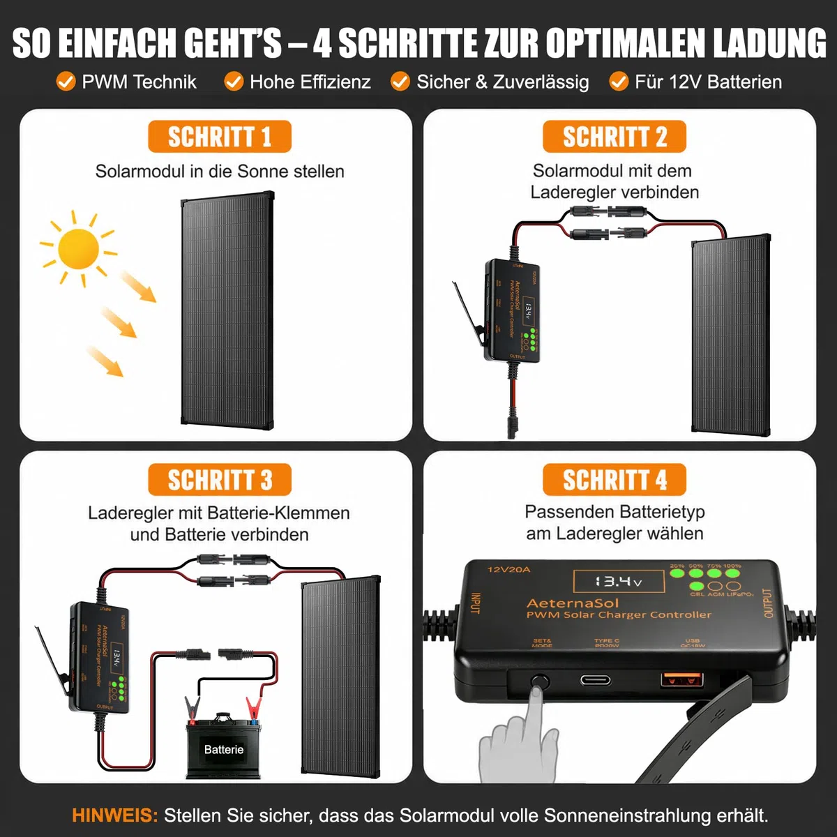 MPPT Solar Laderegler 10A mit USB-C 36W + USB 18W Schnellladung, Solarladeregler 12V mit LCD Display, Laderegler Solar 12V für LiFePO4, AGM & GEL Batterien, 30V VOC, Wohnmobil, Camping, Boot