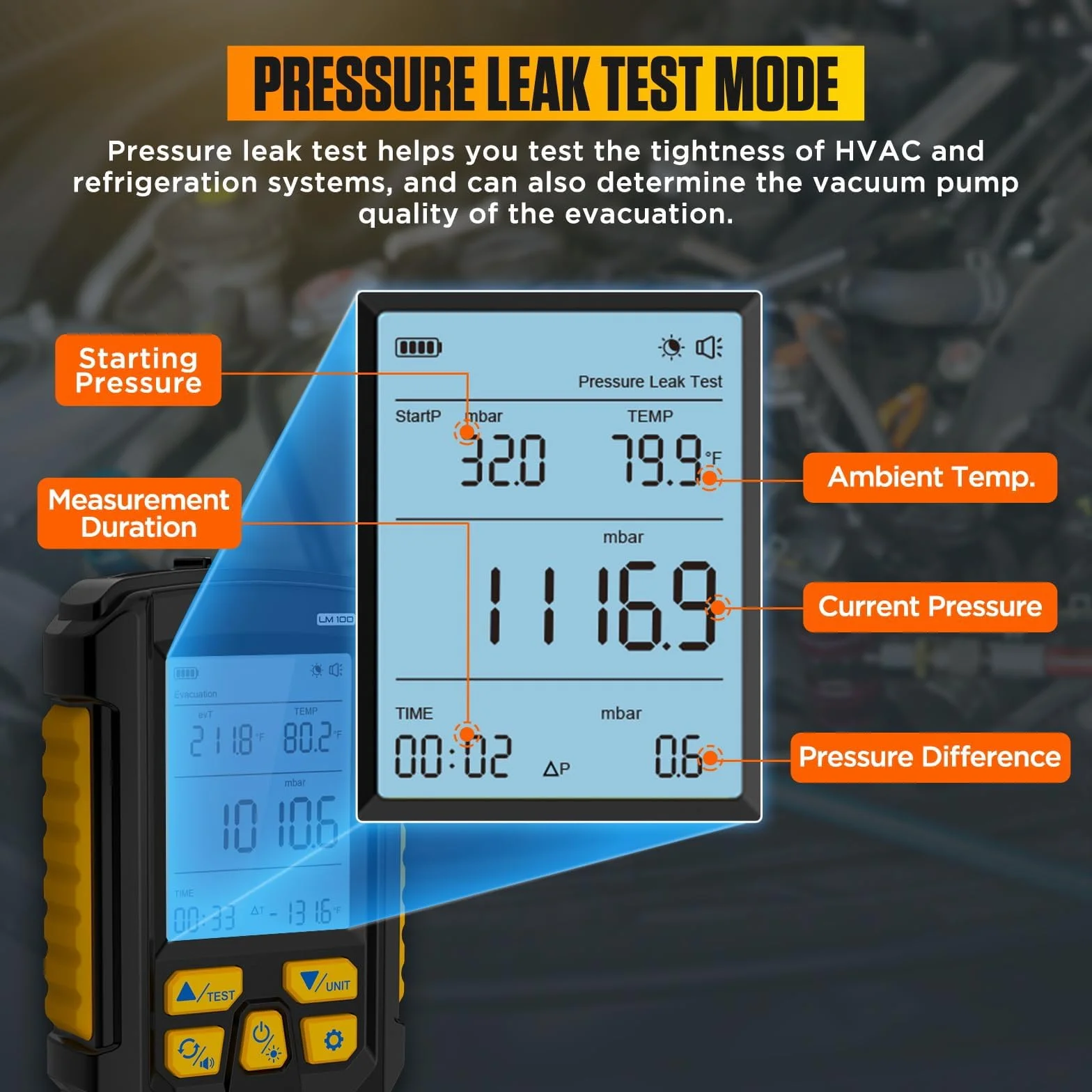 LM100 Intelligentes digitales Vakuummeter, HVAC 0 bis 2000 mbar, Auflösung 0,1 mbar, ±0,2% Genauigkeit, Vakuummeter, Temperaturkompensation, HVAC-Messgeräte mit 4 Einheiten (Torr, inHg, mbar, Hpa)
